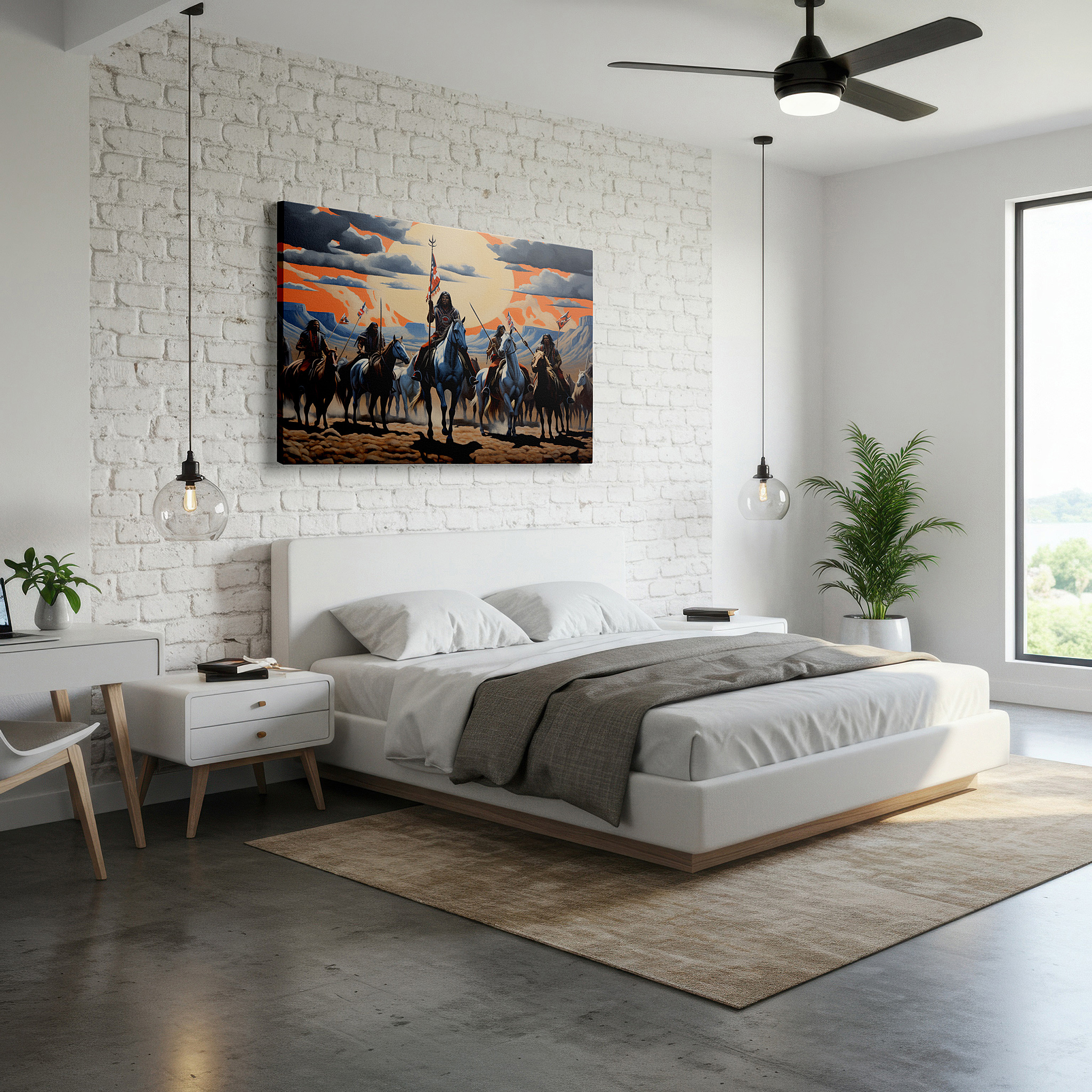 Side profile highlights a tightly wrapped canvas over a 3 cm deep stretcher — native american warriors riding horses at sunset, representing strength and unity, large canvas wall art for home and office decor
