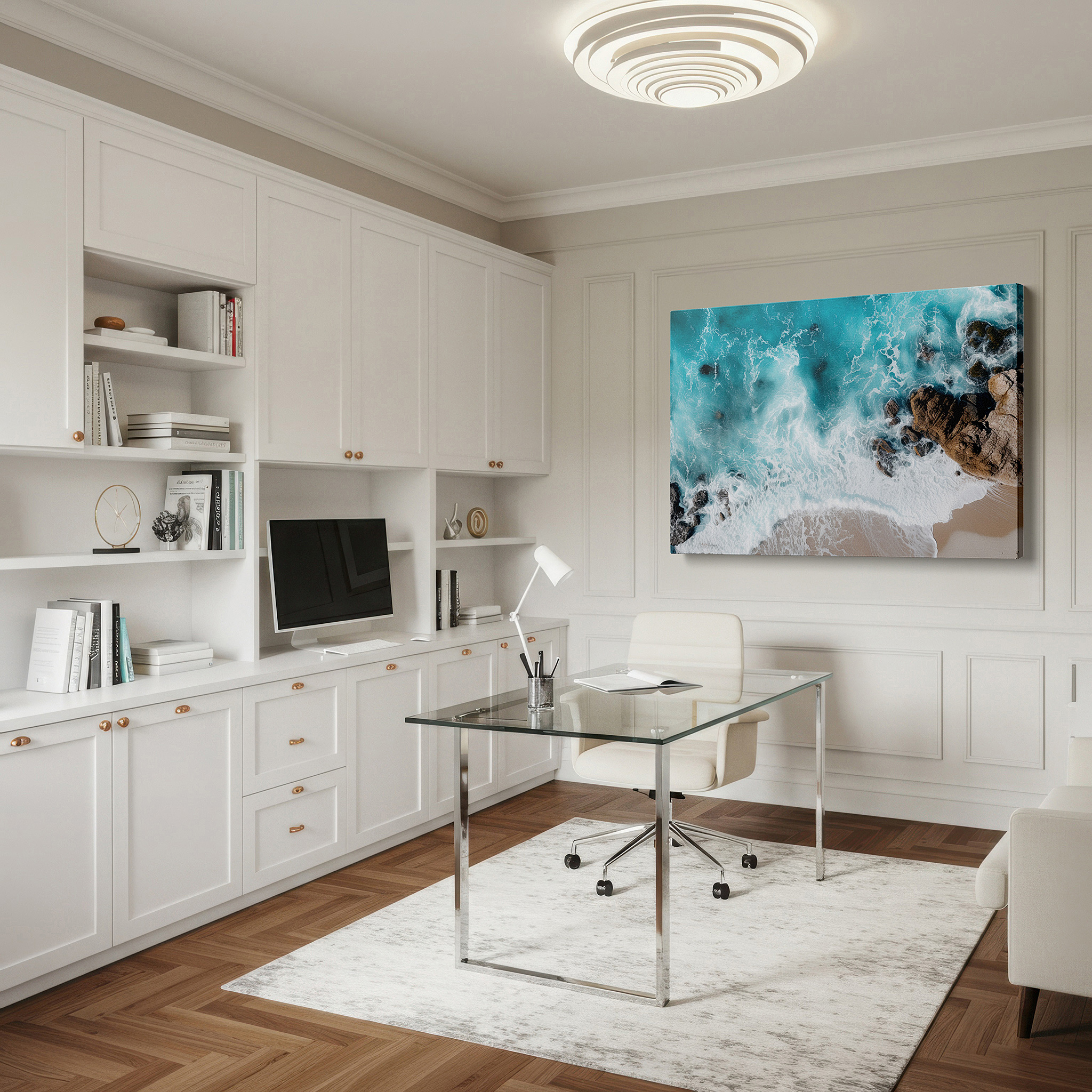 Side profile highlights a tightly wrapped canvas over a 3 cm deep stretcher — ocean's fury: aerial waves crashing on rugged shoreline - large canvas wall art for office and bedroom decor