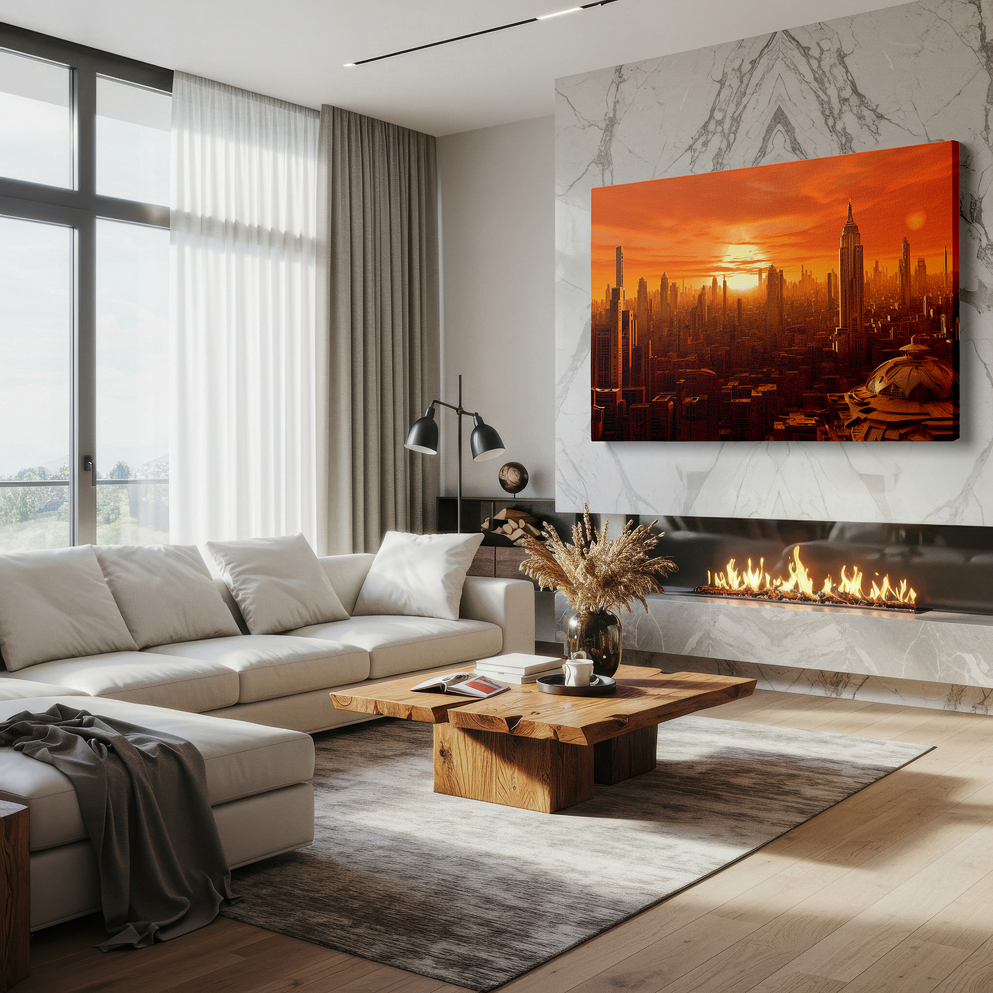 Side profile highlights a tightly wrapped canvas over a 3 cm deep stretcher — orange sunset over futuristic cityscape: modern urban dreams large wall art, canvas wall art, wall decor for office and bedroom
