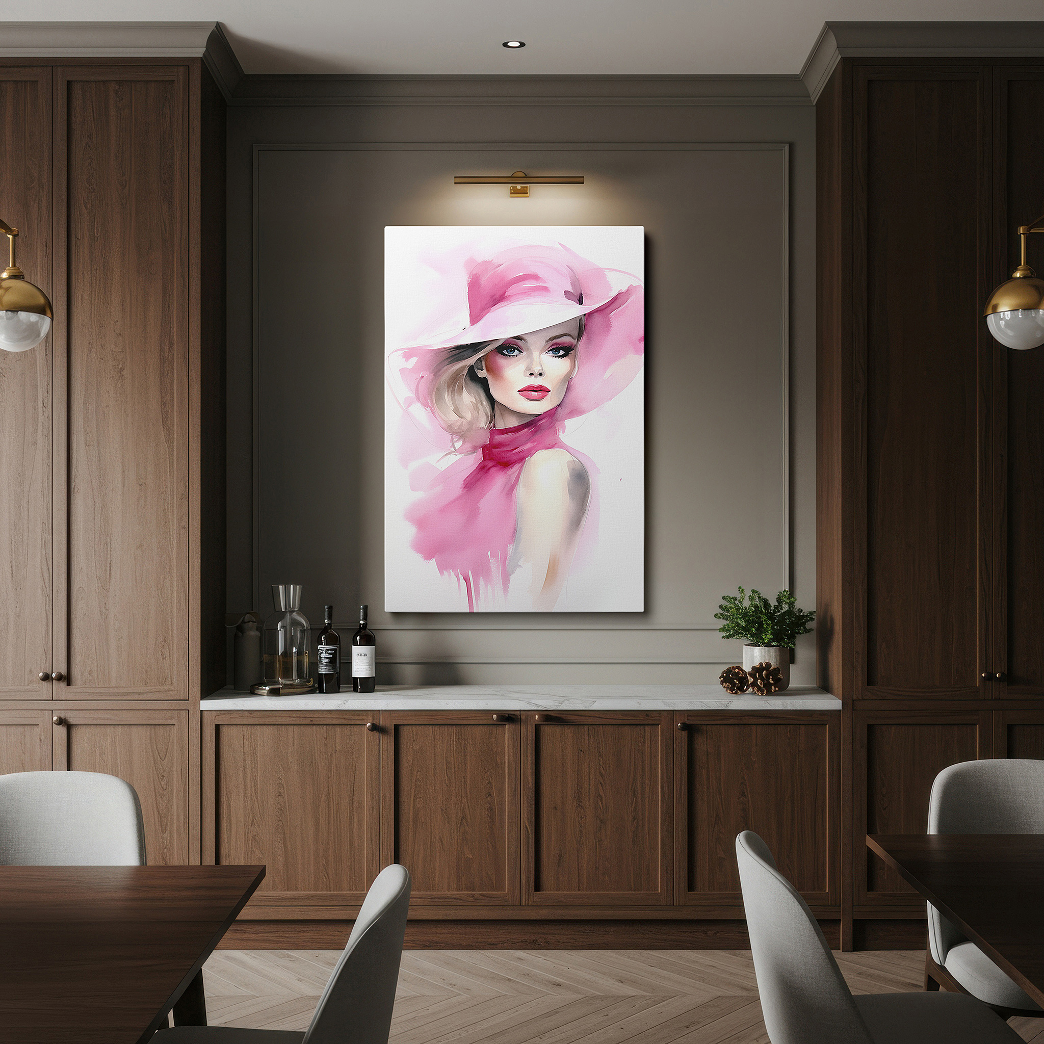 Side profile highlights a tightly wrapped canvas over a 3 cm deep stretcher — pink essence of elegance: stylish and confident woman large wall art, canvas decor for office and bedroom