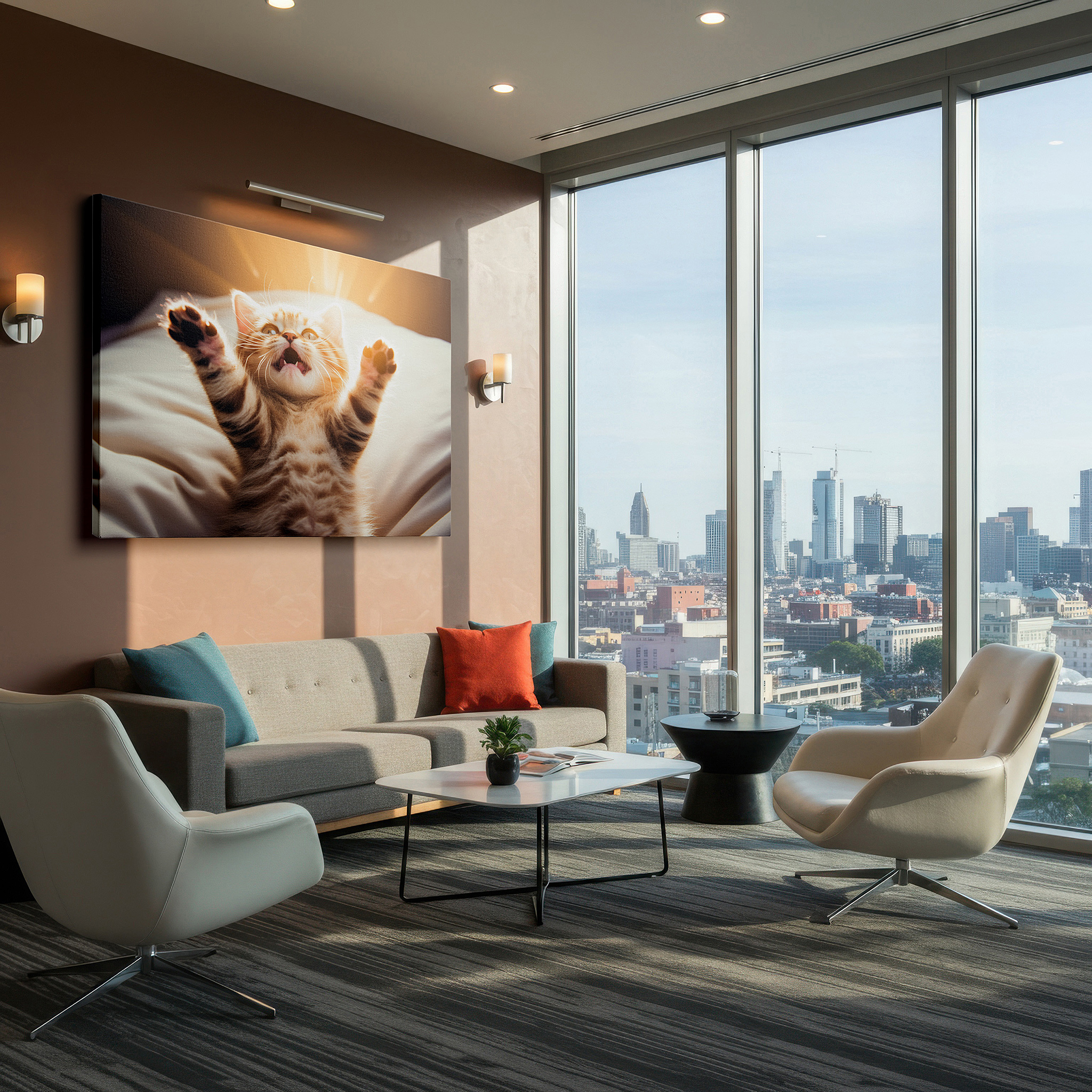 Side profile highlights a tightly wrapped canvas over a 3 cm deep stretcher — playful kitten in morning sunlight wall art - capturing youthful exuberance and curiosity - ideal for office and bedroom decor, available as large canvas