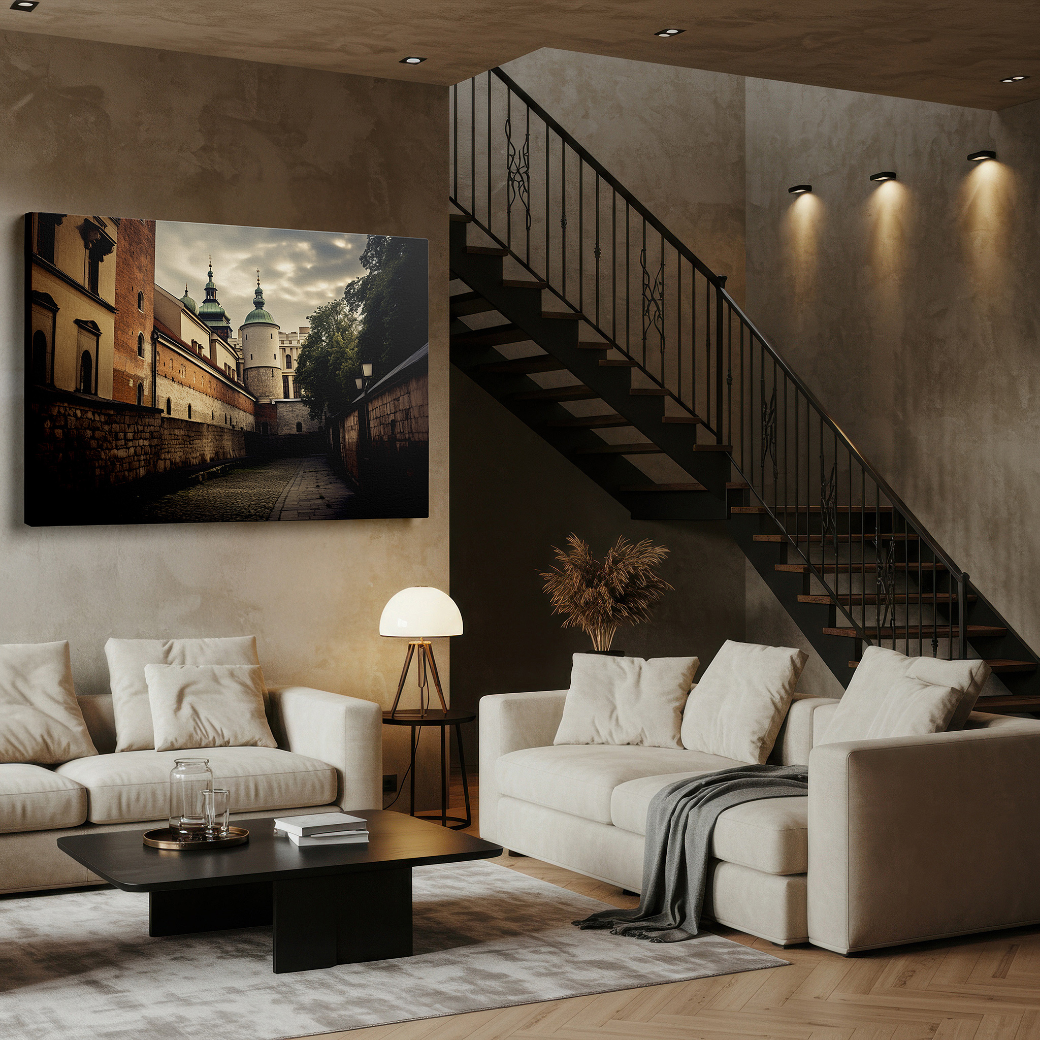Side profile highlights a tightly wrapped canvas over a 3 cm deep stretcher — renaissance-inspired cobblestone street canvas print featuring ornate architecture in earthy tones, ideal for office or bedroom wall decor