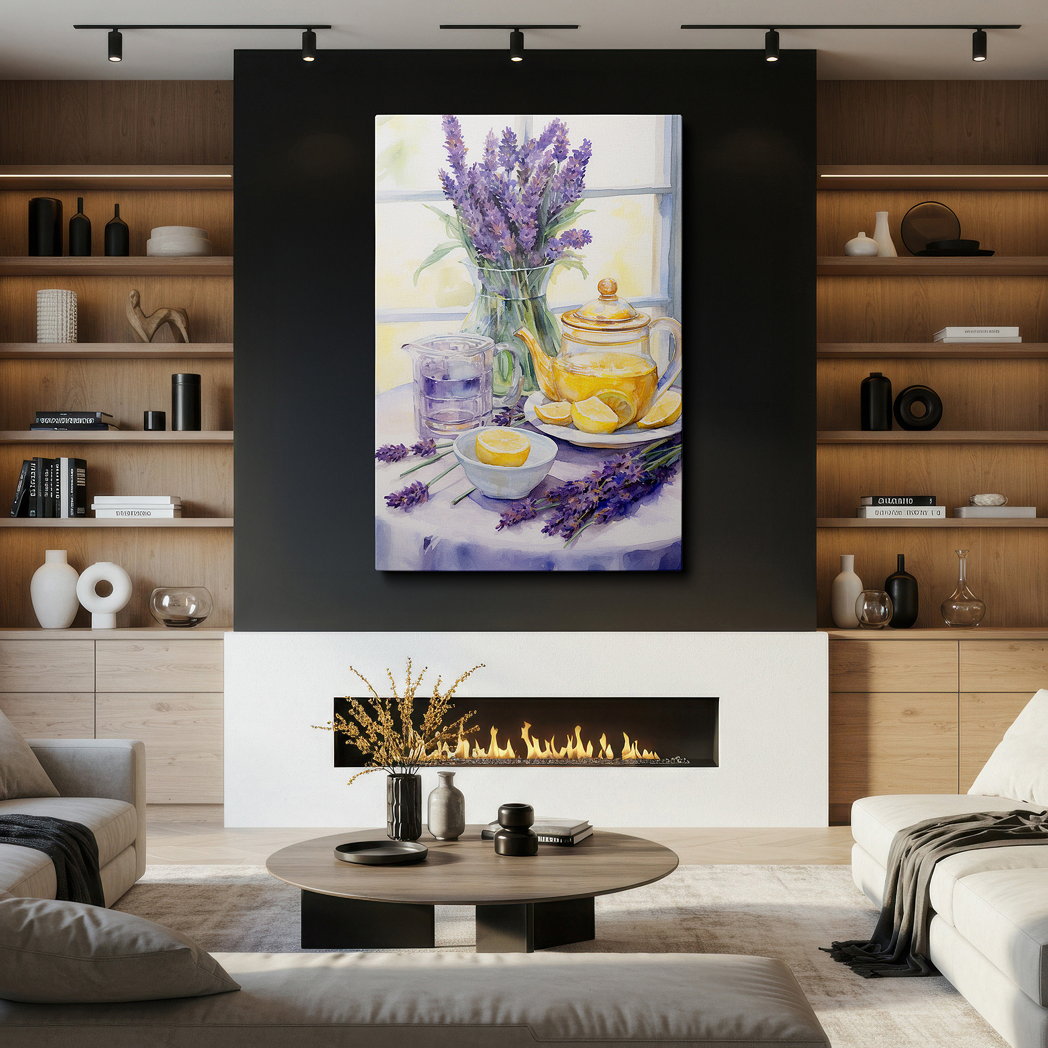 Side profile highlights a tightly wrapped canvas over a 3 cm deep stretcher — serene afternoon wall art: tea, lemons, and lavender in sunlit elegance - large canvas decor for office and bedroom