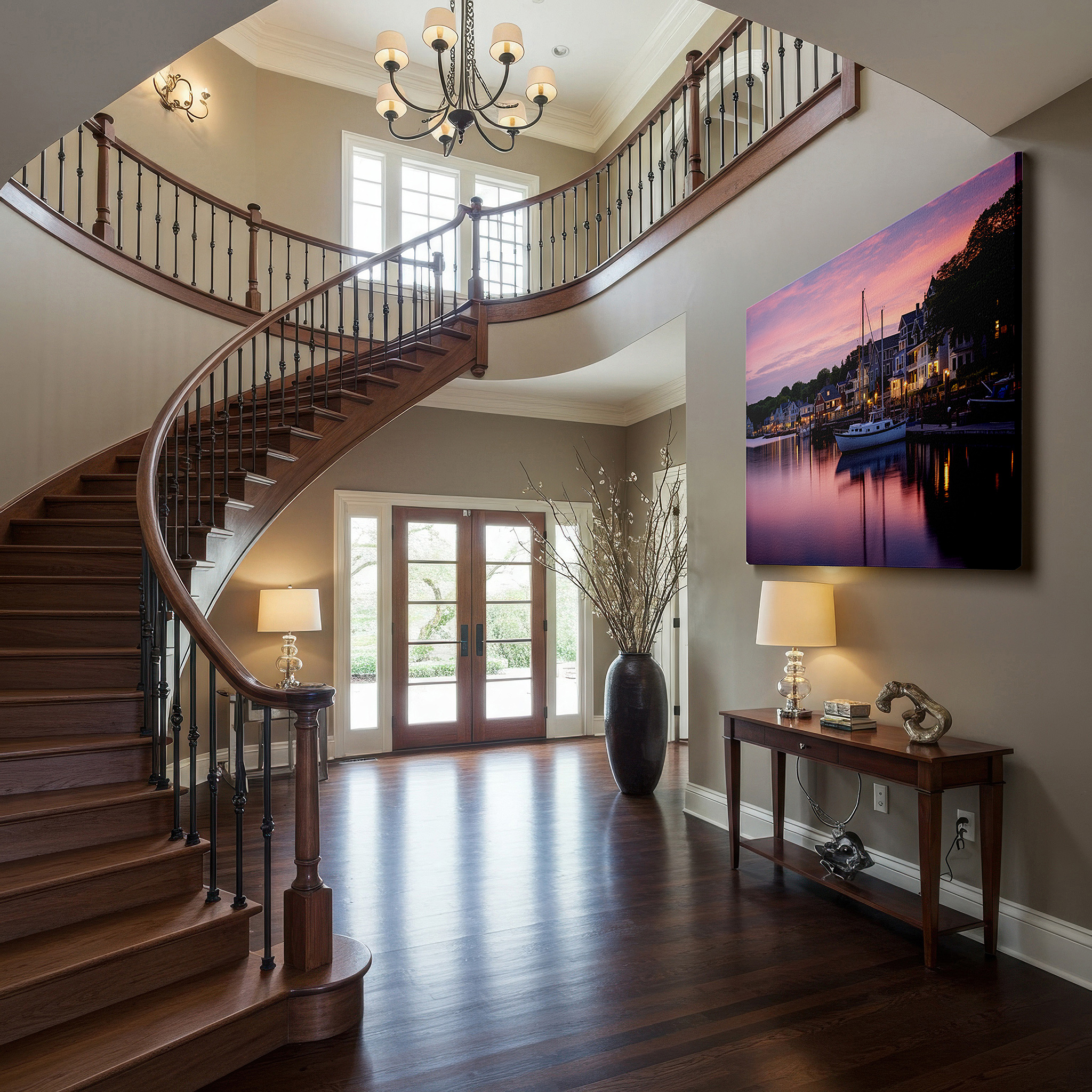 Side profile highlights a tightly wrapped canvas over a 3 cm deep stretcher — serene dockside dusk - tranquil coastal evening wall art in vibrant hues, large canvas for home and office decor, perfect for living room and bedroom