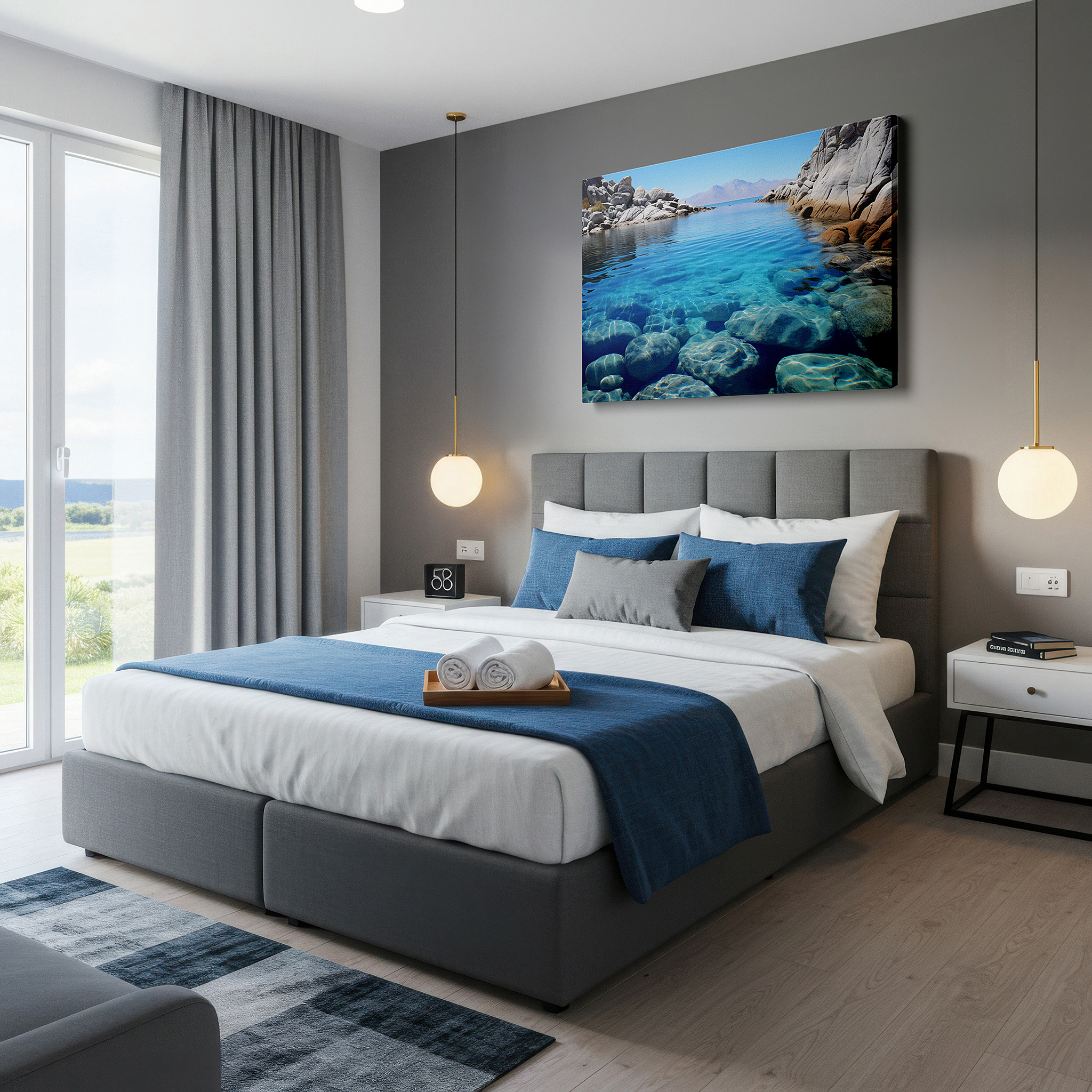 Side profile highlights a tightly wrapped canvas over a 3 cm deep stretcher — serene lakeside reflections and rugged shores - tranquil nature escape large wall art, canvas wall art, wall decor for office