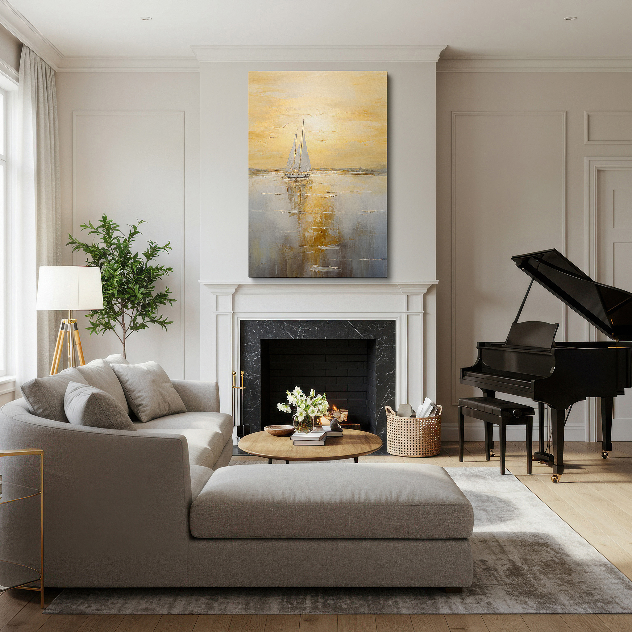 Side profile highlights a tightly wrapped canvas over a 3 cm deep stretcher — serene sailboat journey at sunset - large canvas wall art for office, bedroom, and living room decor