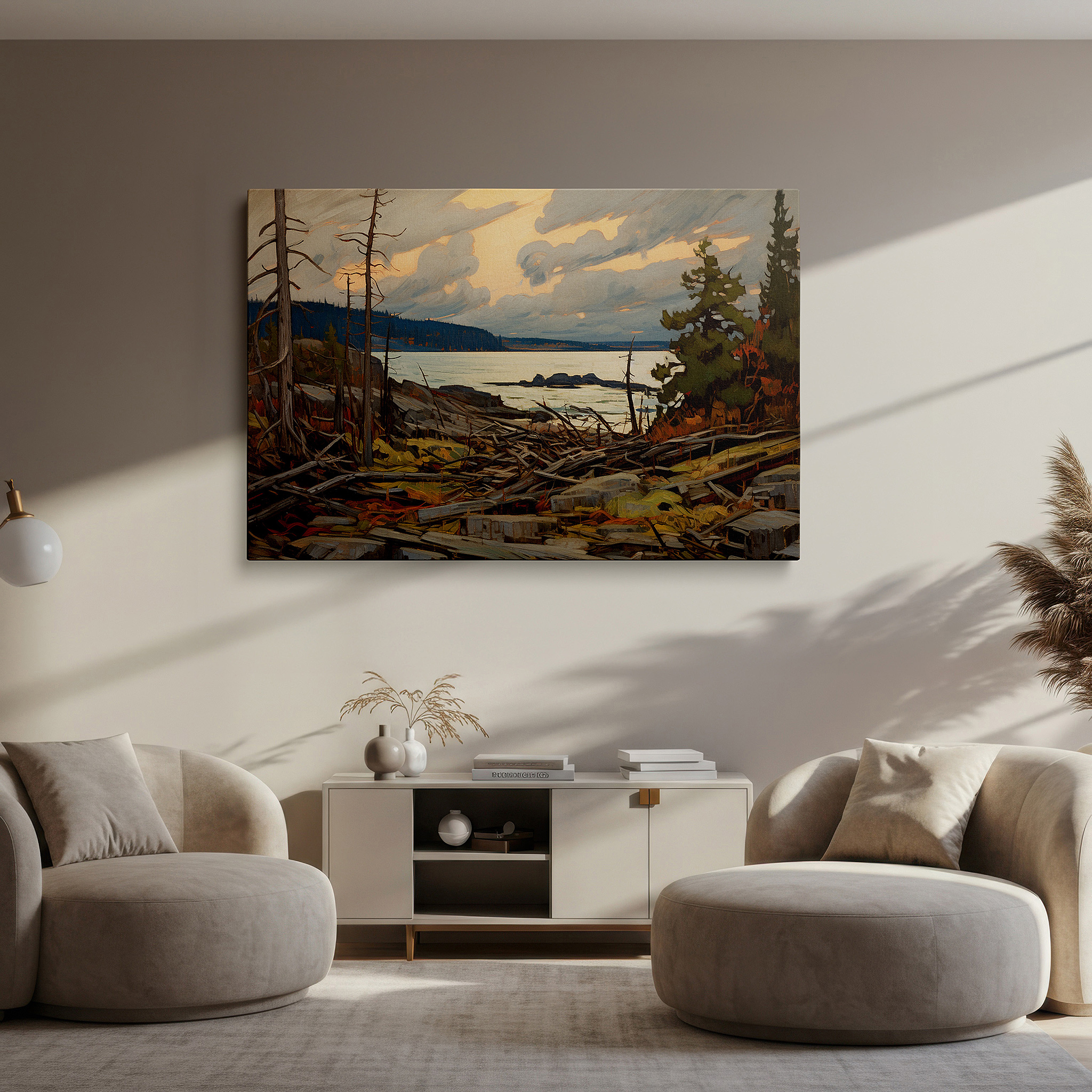 Side profile highlights a tightly wrapped canvas over a 3 cm deep stretcher — serene shoreline at dusk: a tranquil glow amidst nature's chaos - large canvas wall art for office and bedroom decor
