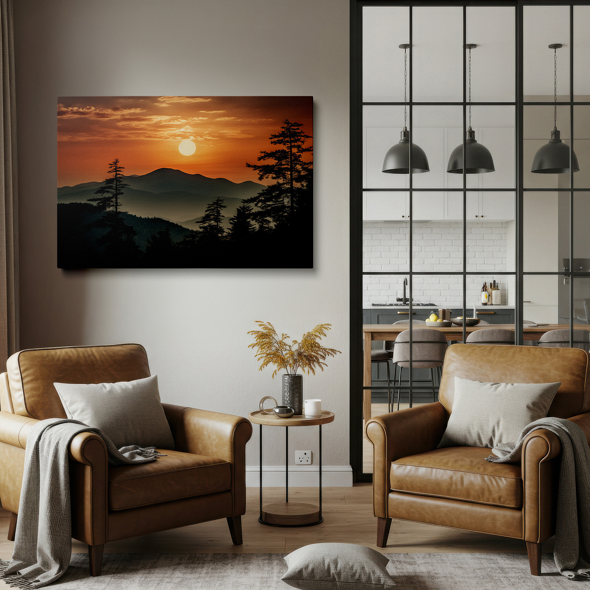 Side profile highlights a tightly wrapped canvas over a 3 cm deep stretcher — serene sunset majesty: fiery hues and silhouetted trees - large canvas wall art for office, bedroom, and living room decor