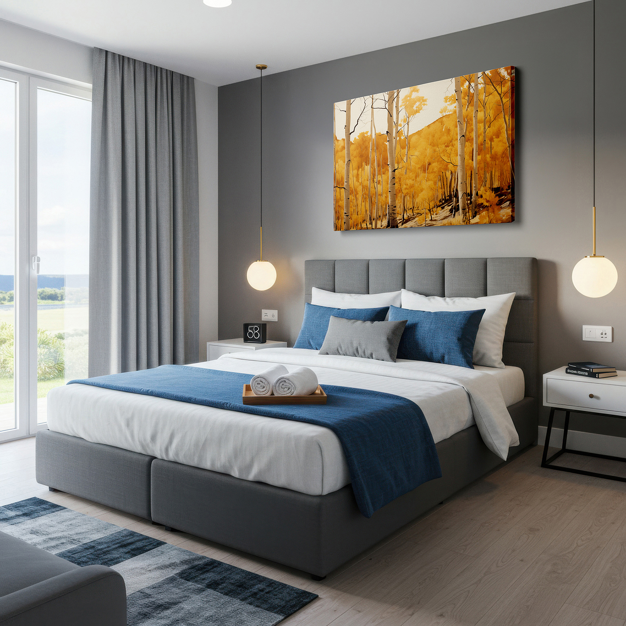 Side profile highlights a tightly wrapped canvas over a 3 cm deep stretcher — serene white aspen grove with golden autumn leaves - large canvas wall art for office, bedroom, and living room decor