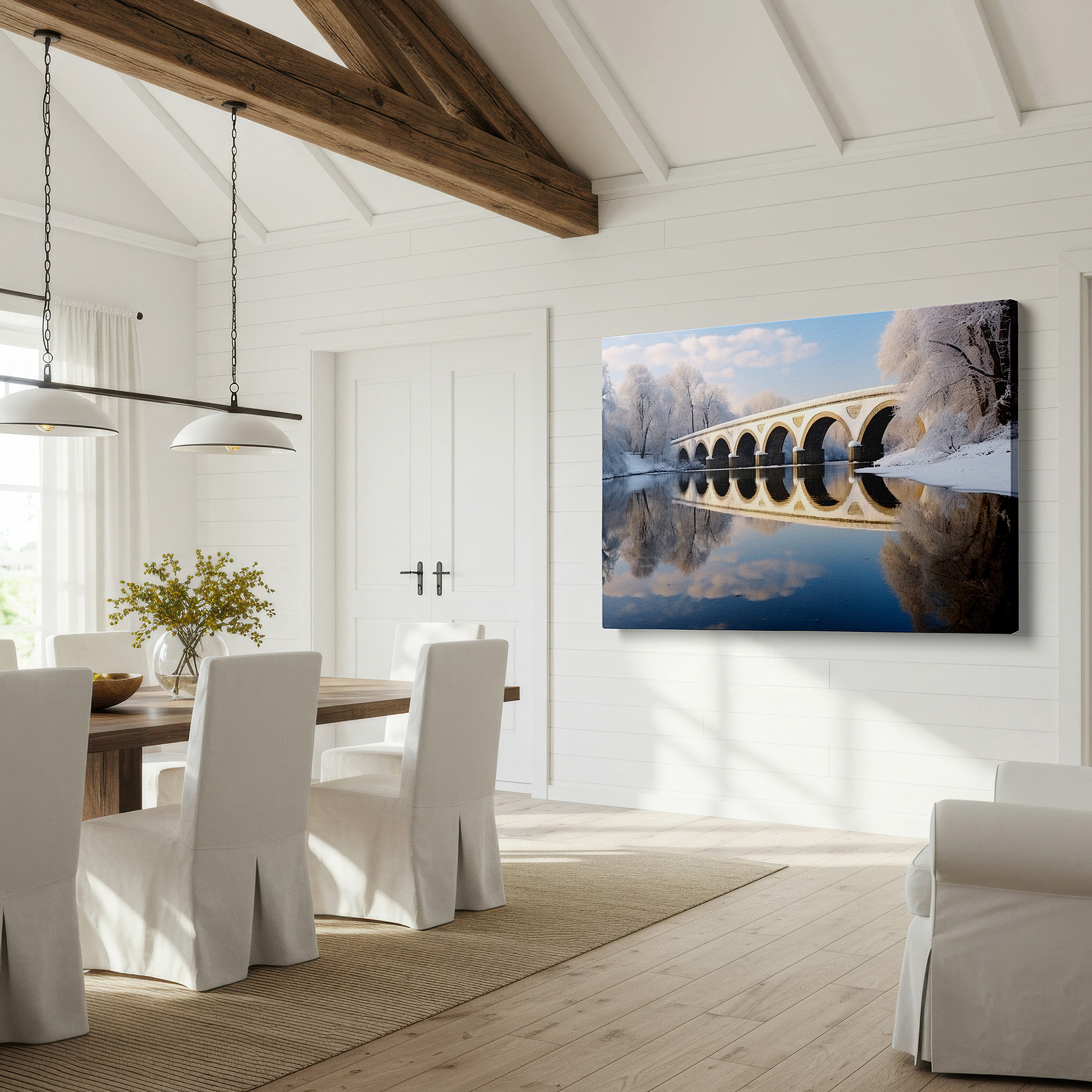 Side profile highlights a tightly wrapped canvas over a 3 cm deep stretcher — serene winter scene with graceful arch bridge over calm waters - large canvas wall art for office and bedroom decor