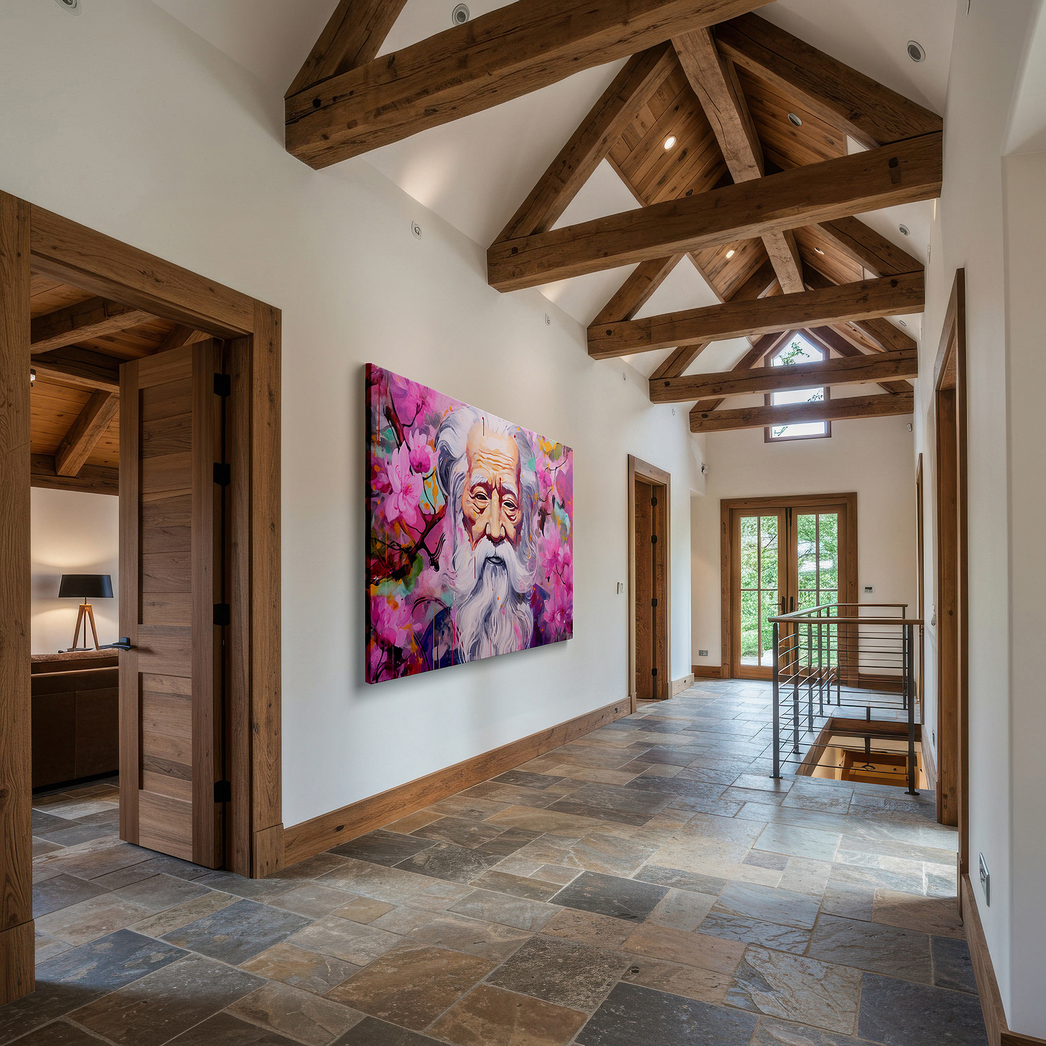 Side profile highlights a tightly wrapped canvas over a 3 cm deep stretcher — serene wisdom and vibrant blossoms surround an elderly man: large wall art, canvas wall art, wall decor for office and bedroom