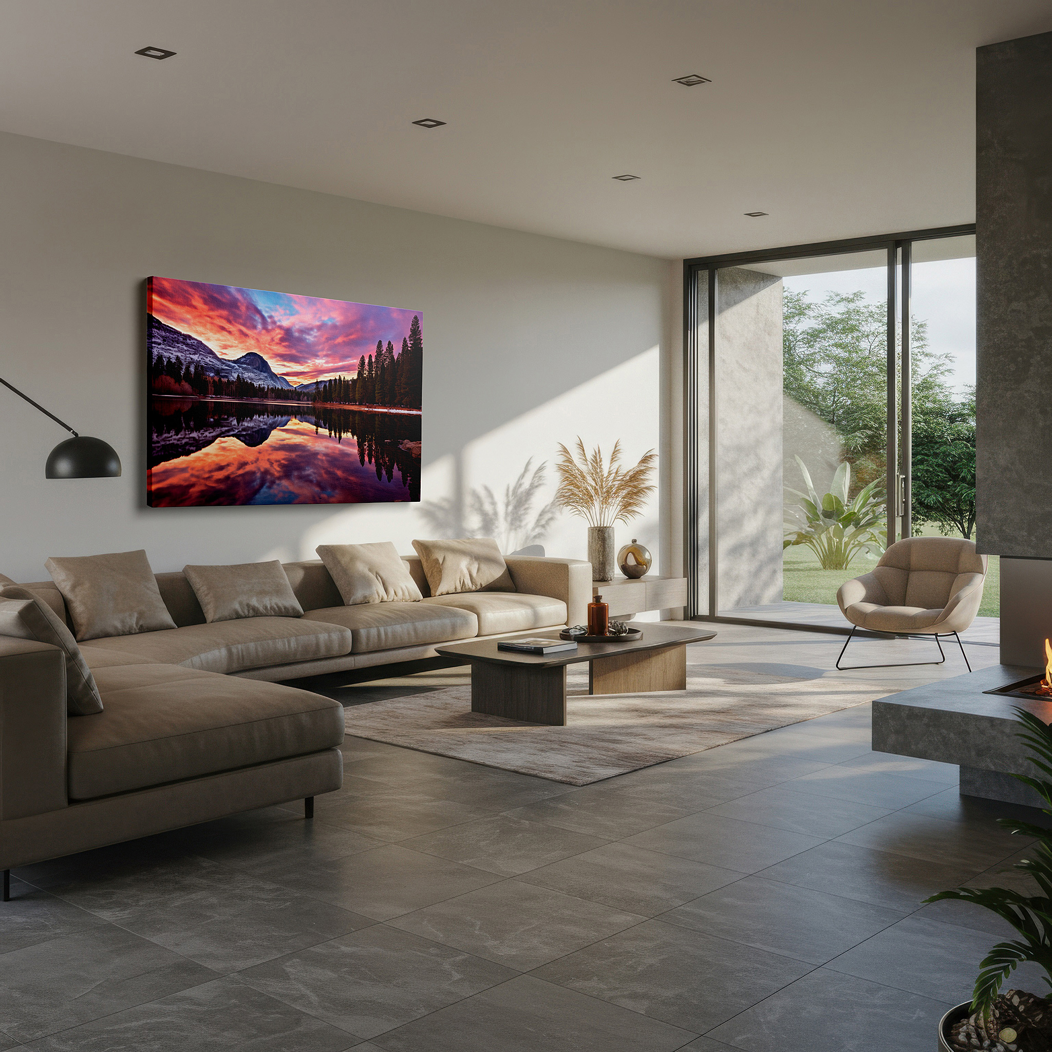 Side profile highlights a tightly wrapped canvas over a 3 cm deep stretcher — snow-capped peaks and reflective lake at dawn large canvas wall art for office, bedroom, and living room decor