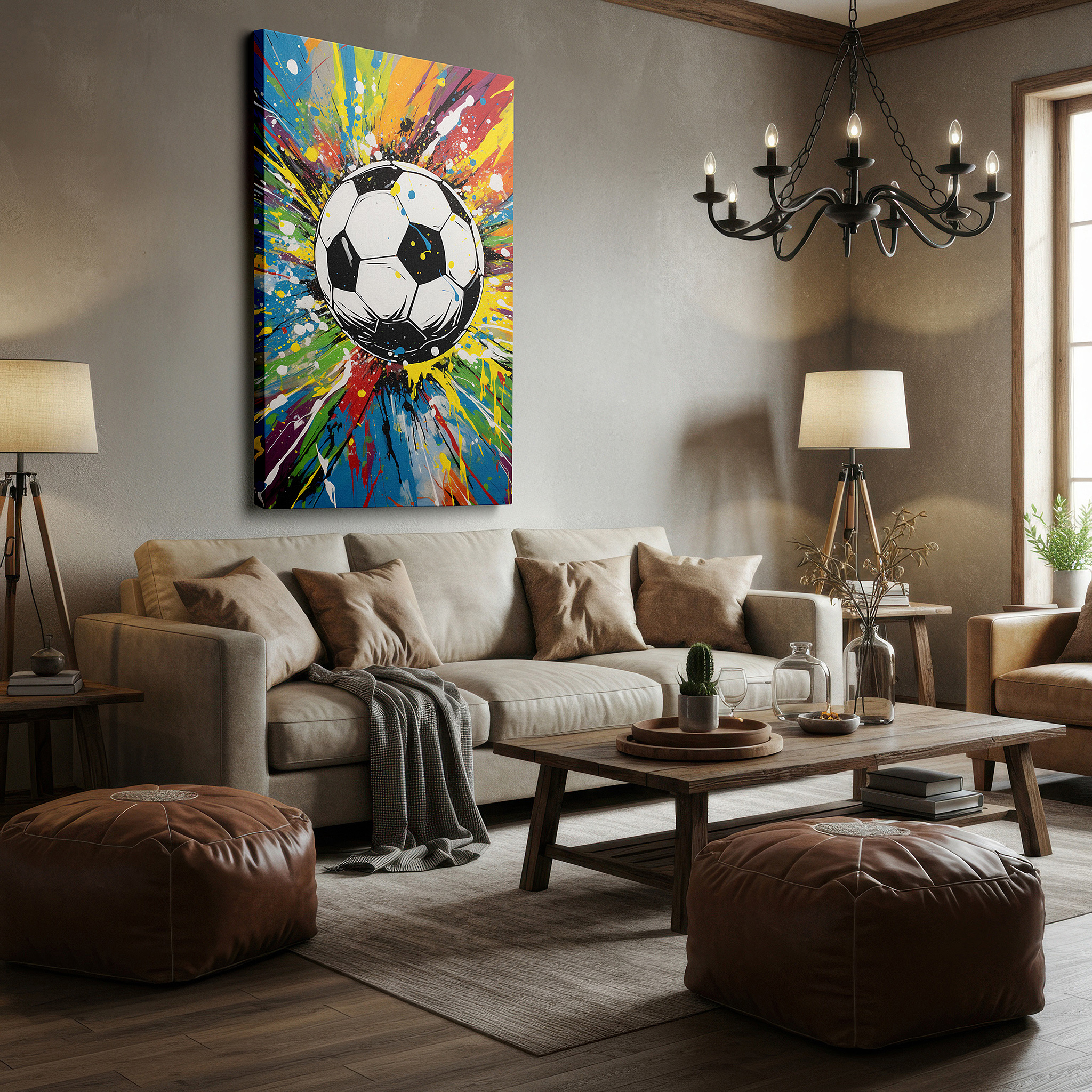Side profile highlights a tightly wrapped canvas over a 3 cm deep stretcher — soccer ball in motion: a colorful explosion celebrating global unity and passion - large canvas wall art
