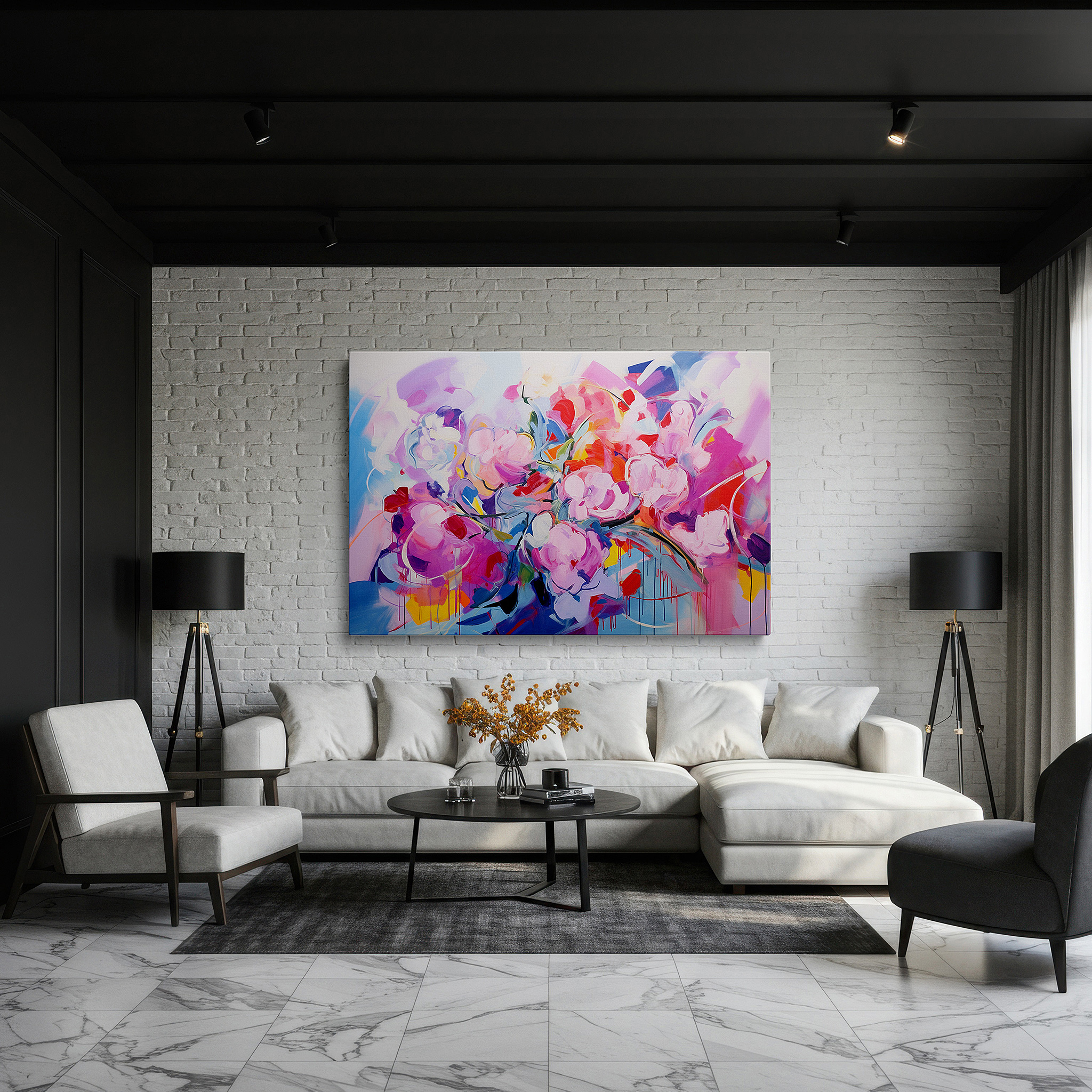 Side profile highlights a tightly wrapped canvas over a 3 cm deep stretcher — springtime blossoms in pink and blue: serene and bright large wall art, canvas decor for office and bedroom