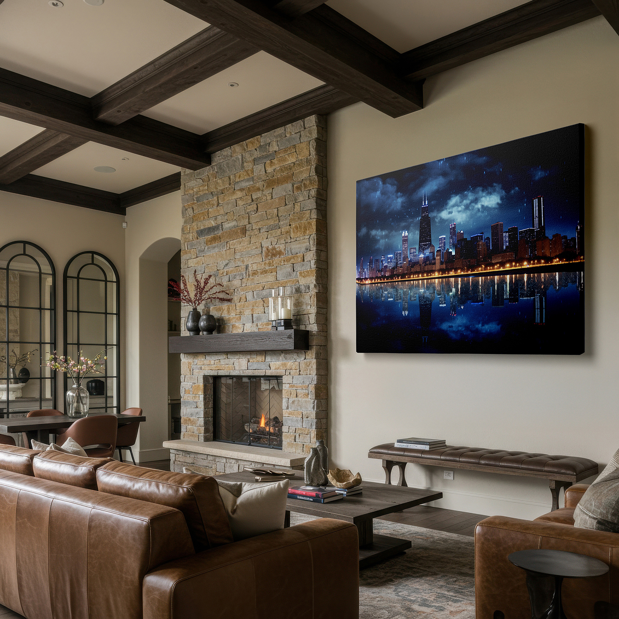 Side profile highlights a tightly wrapped canvas over a 3 cm deep stretcher — stormy evening in chicago: oil on canvas skyline masterpiece, large wall art for office or bedroom decor