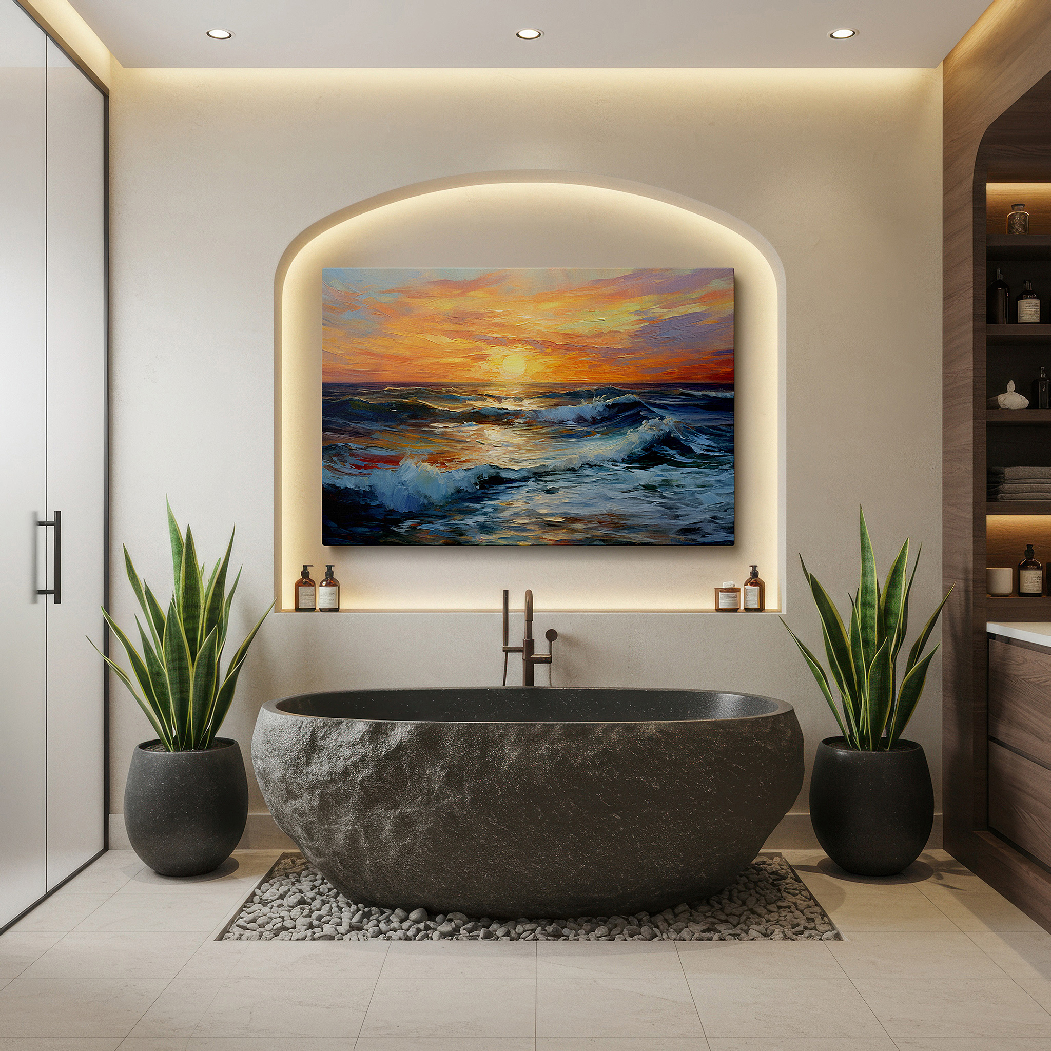 Side profile highlights a tightly wrapped canvas over a 3 cm deep stretcher — stunning sunset above stormy sea: celebrating the majesty and strength of nature - large wall art, canvas wall art, wall decor for office