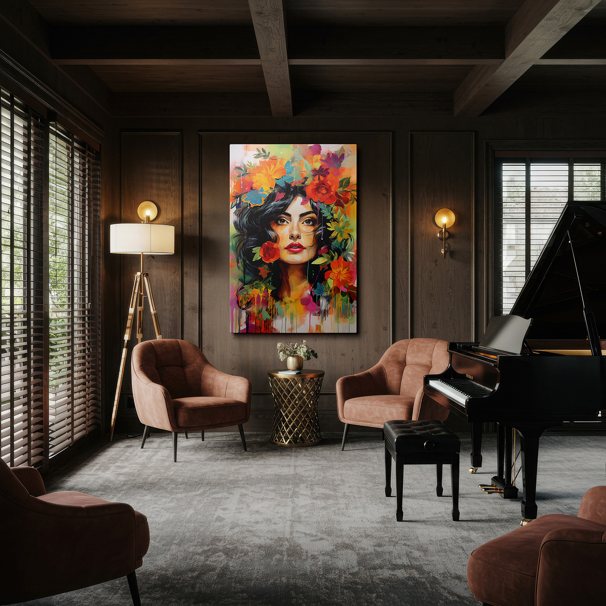 Side profile highlights a tightly wrapped canvas over a 3 cm deep stretcher — stunning wall art featuring a woman with a colorful floral crown, a blend of vibrant colors and emotions, available as large canvas wall art