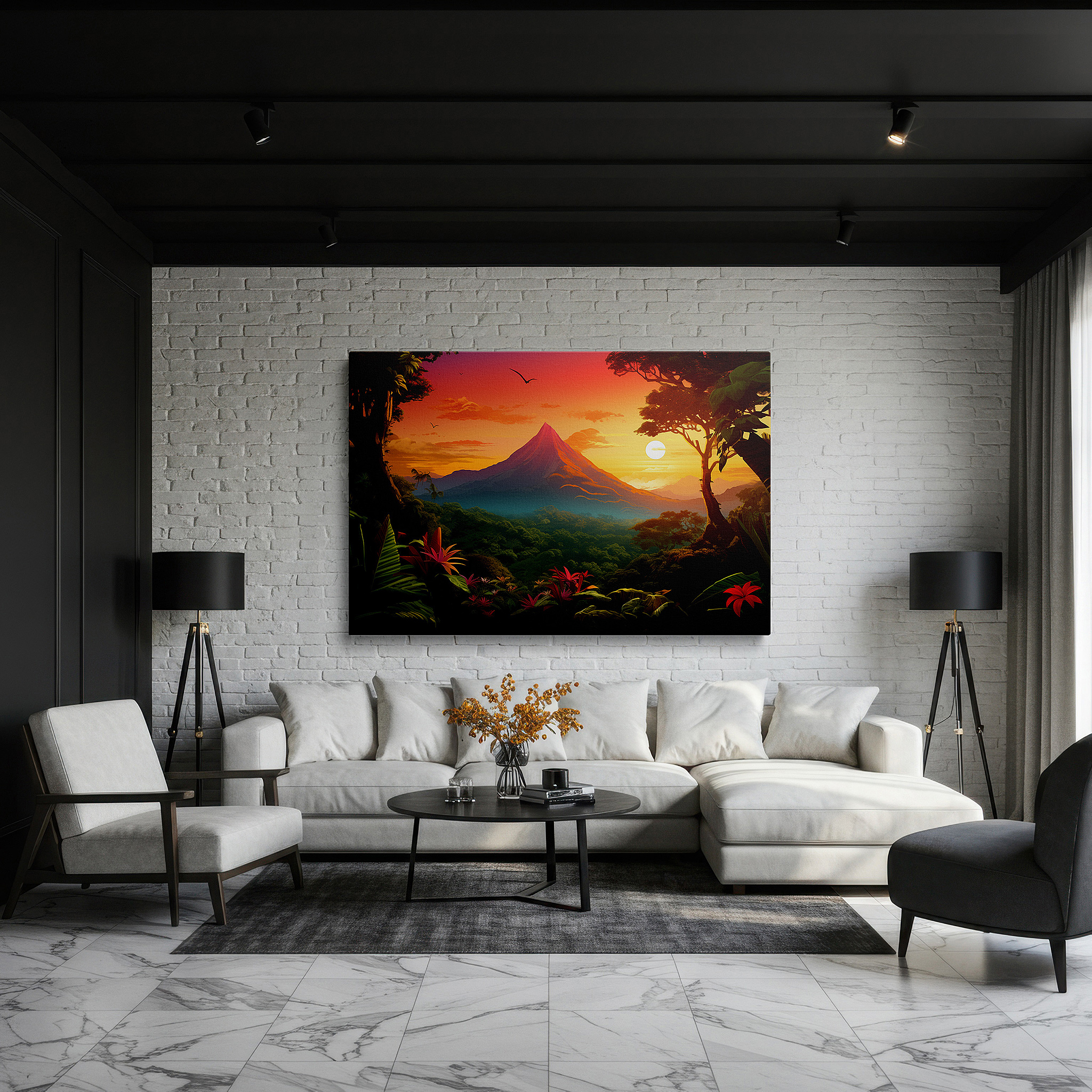 Side profile highlights a tightly wrapped canvas over a 3 cm deep stretcher — sunset over majestic mountain with tropical foliage - large canvas wall art for office, bedroom, and living room decor
