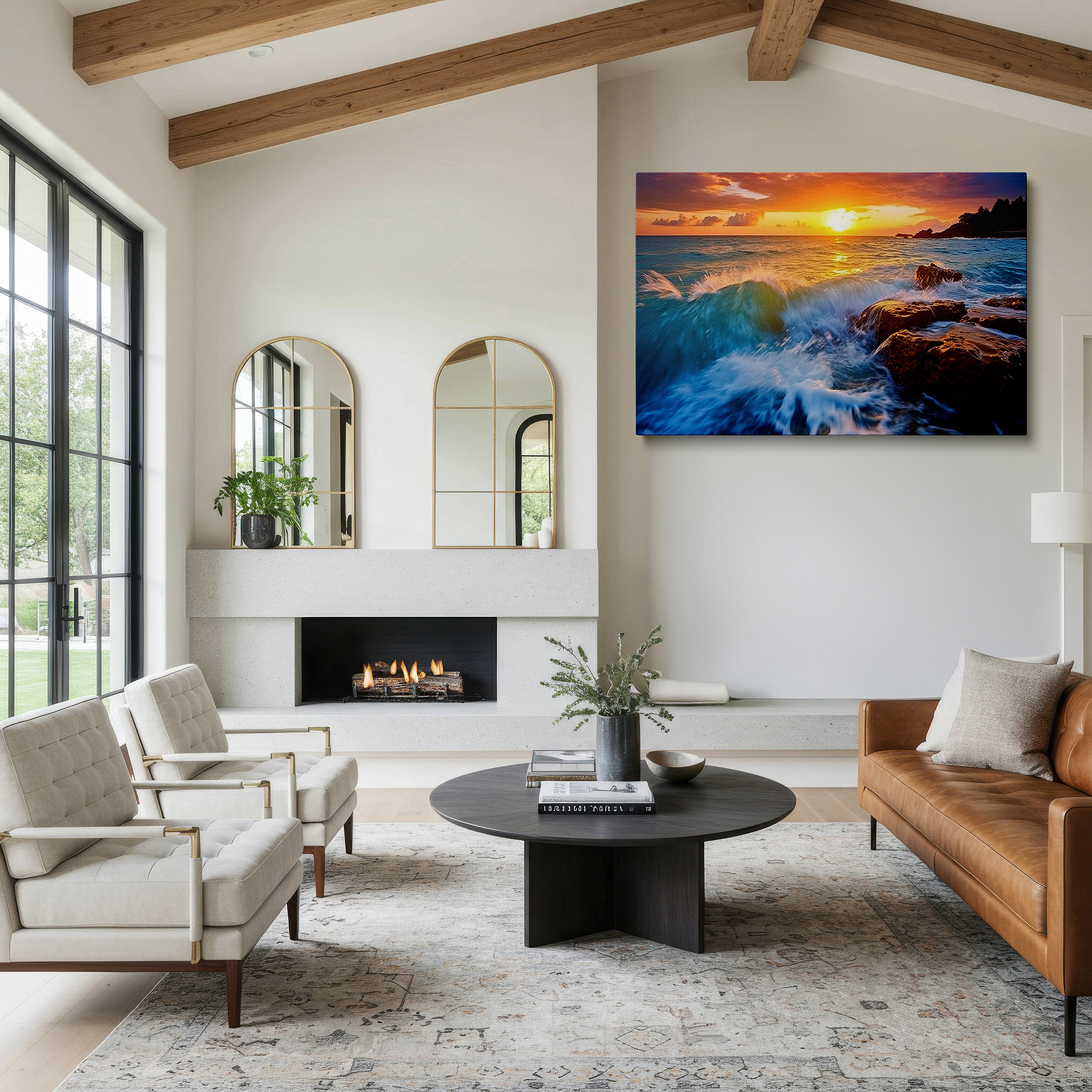 Side profile highlights a tightly wrapped canvas over a 3 cm deep stretcher — sunset over the ocean: a striking blend of orange and blue on the horizon - large canvas wall art for office and bedroom decor