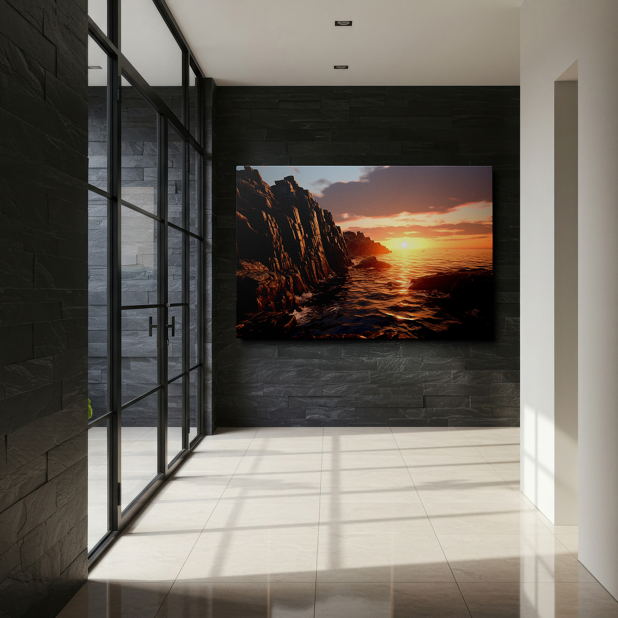 Side profile highlights a tightly wrapped canvas over a 3 cm deep stretcher — sunset over rugged coastline: a symphony of light and tranquility - large canvas wall art for office and bedroom decor
