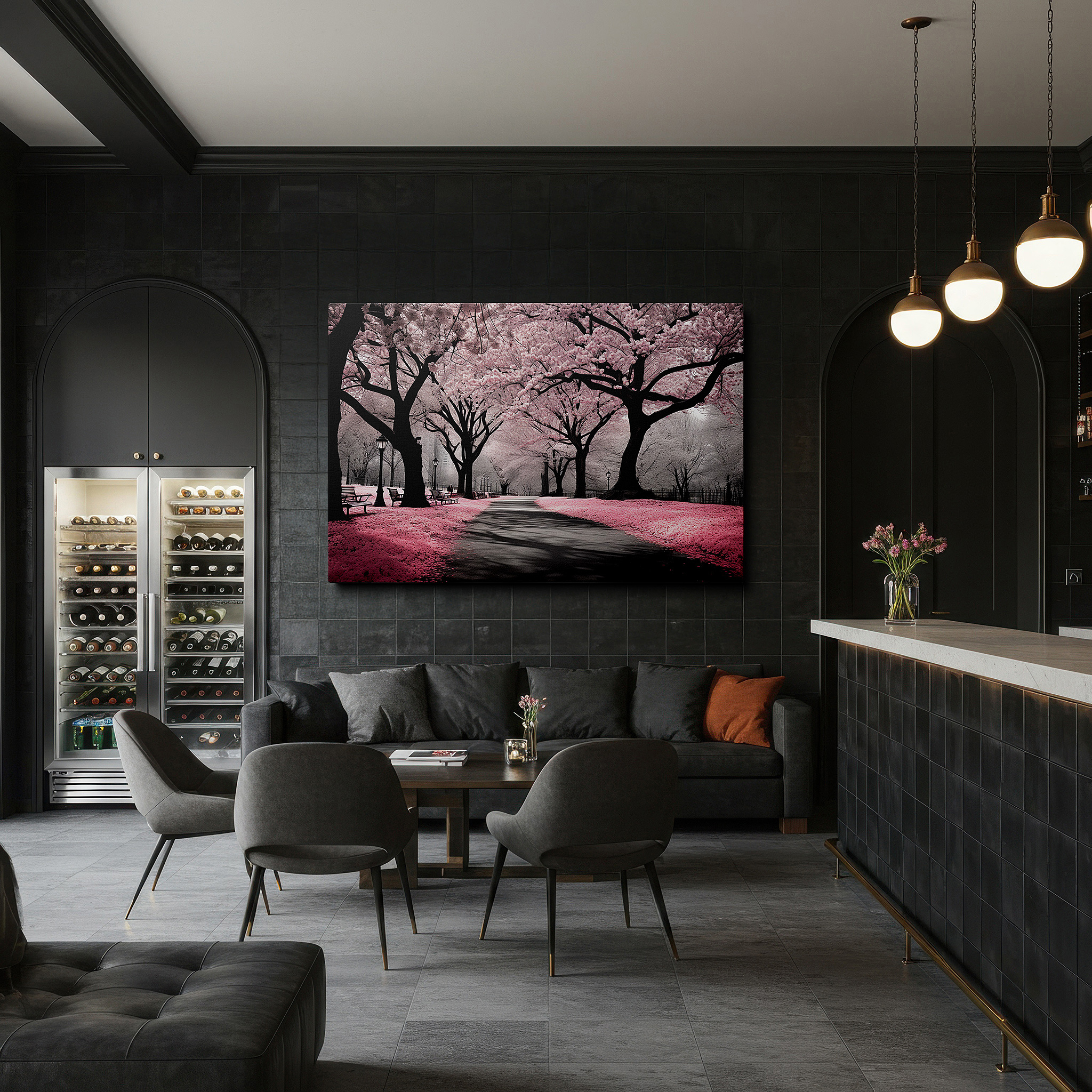 Side profile highlights a tightly wrapped canvas over a 3 cm deep stretcher — tranquil cherry blossom pathway large canvas wall art, serene beauty wall decor for office and bedroom