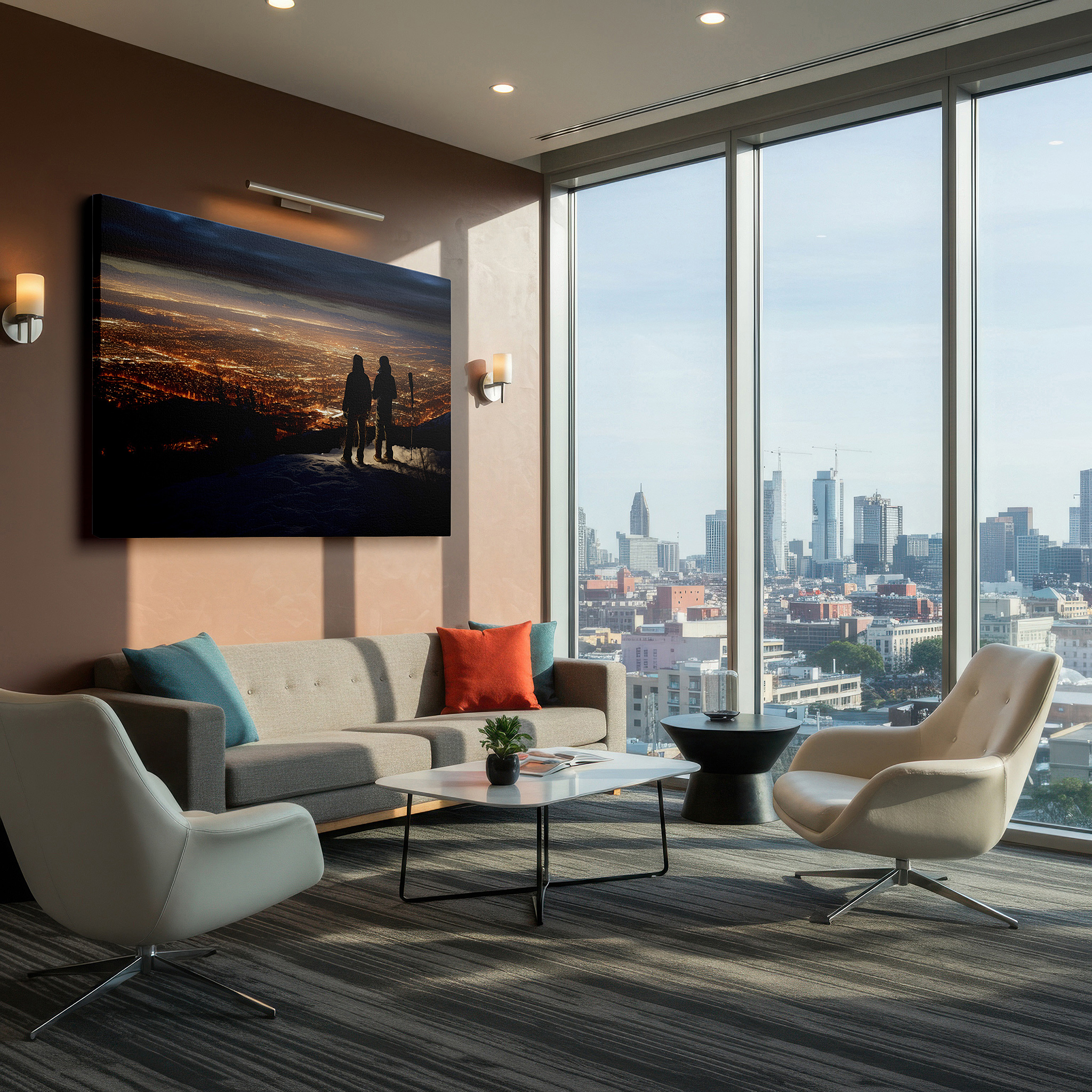 Side profile highlights a tightly wrapped canvas over a 3 cm deep stretcher — tranquil urban twilight silhouette large wall art, canvas decor for office, bedroom, and living room