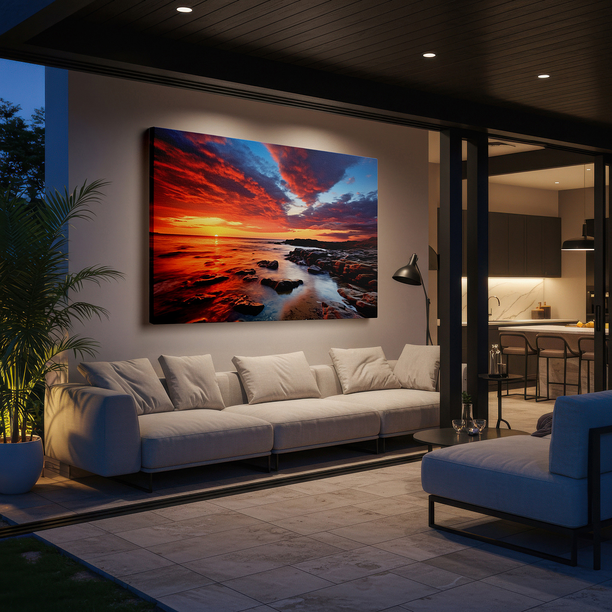 Side profile highlights a tightly wrapped canvas over a 3 cm deep stretcher — twilight symphony: light and shadows over rugged shoreline - large canvas wall art for office decor