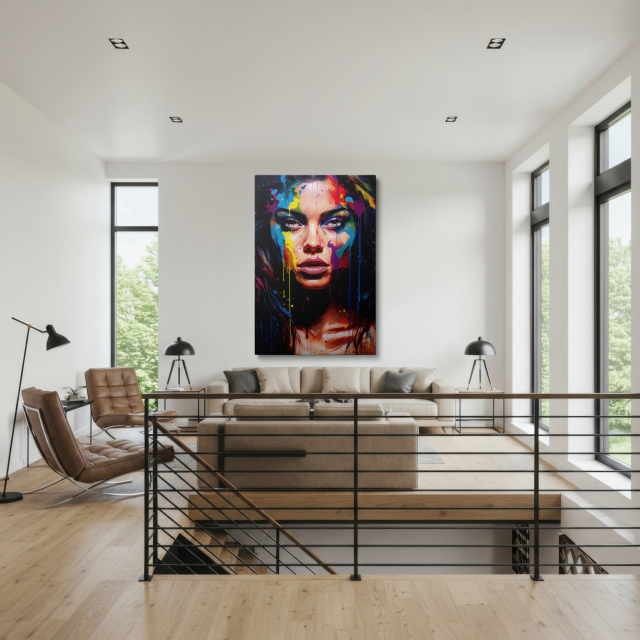 Side profile highlights a tightly wrapped canvas over a 3 cm deep stretcher — vibrant and expressive woman's portrait celebrating creativity and diversity - large canvas wall art for home and office decor