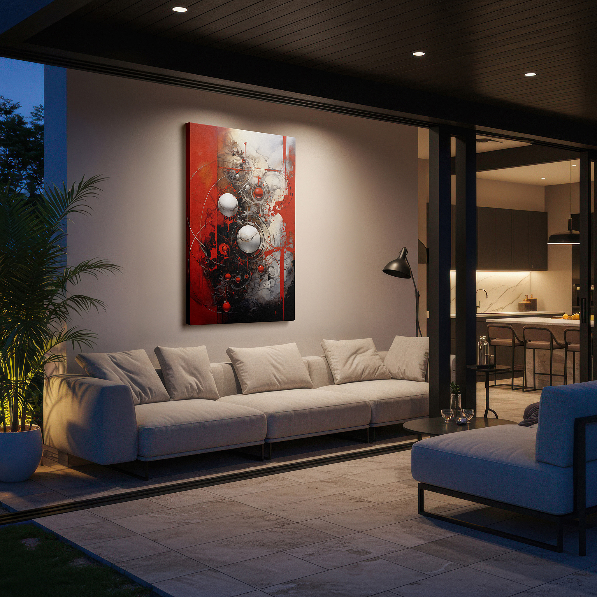 Side profile highlights a tightly wrapped canvas over a 3 cm deep stretcher — vibrant red and black interaction with metallic globes and geometric accuracy, large canvas wall art for office and bedroom decor