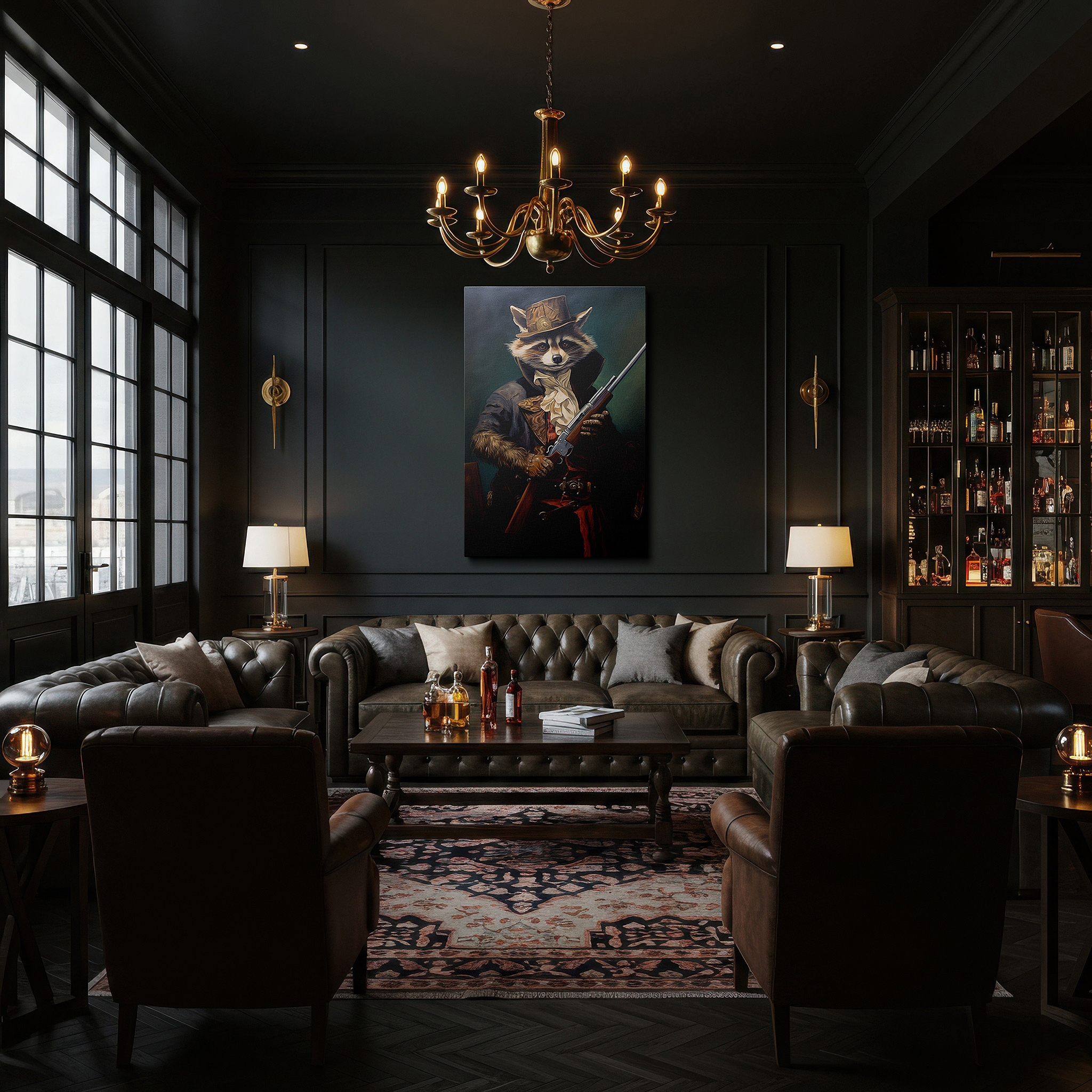 Side profile highlights a tightly wrapped canvas over a 3 cm deep stretcher — victorian-era raccoon in royal outfit with antique rifle in lush forest scene - large canvas wall art for office and bedroom decor