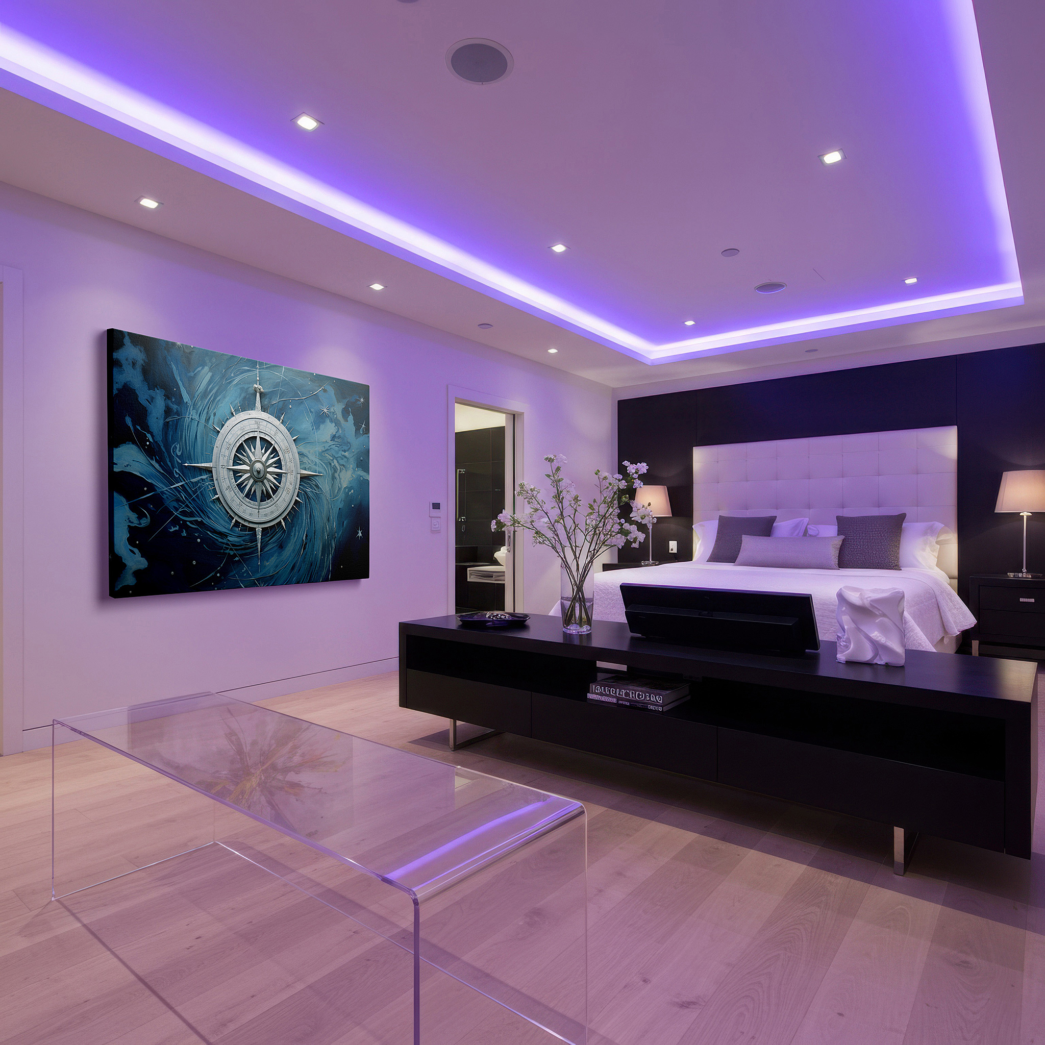 Side profile highlights a tightly wrapped canvas over a 3 cm deep stretcher — wall art: "compass of dreams" - adventure beacon amidst oceanic swirls, large canvas wall art for office, bedroom, and living room decor