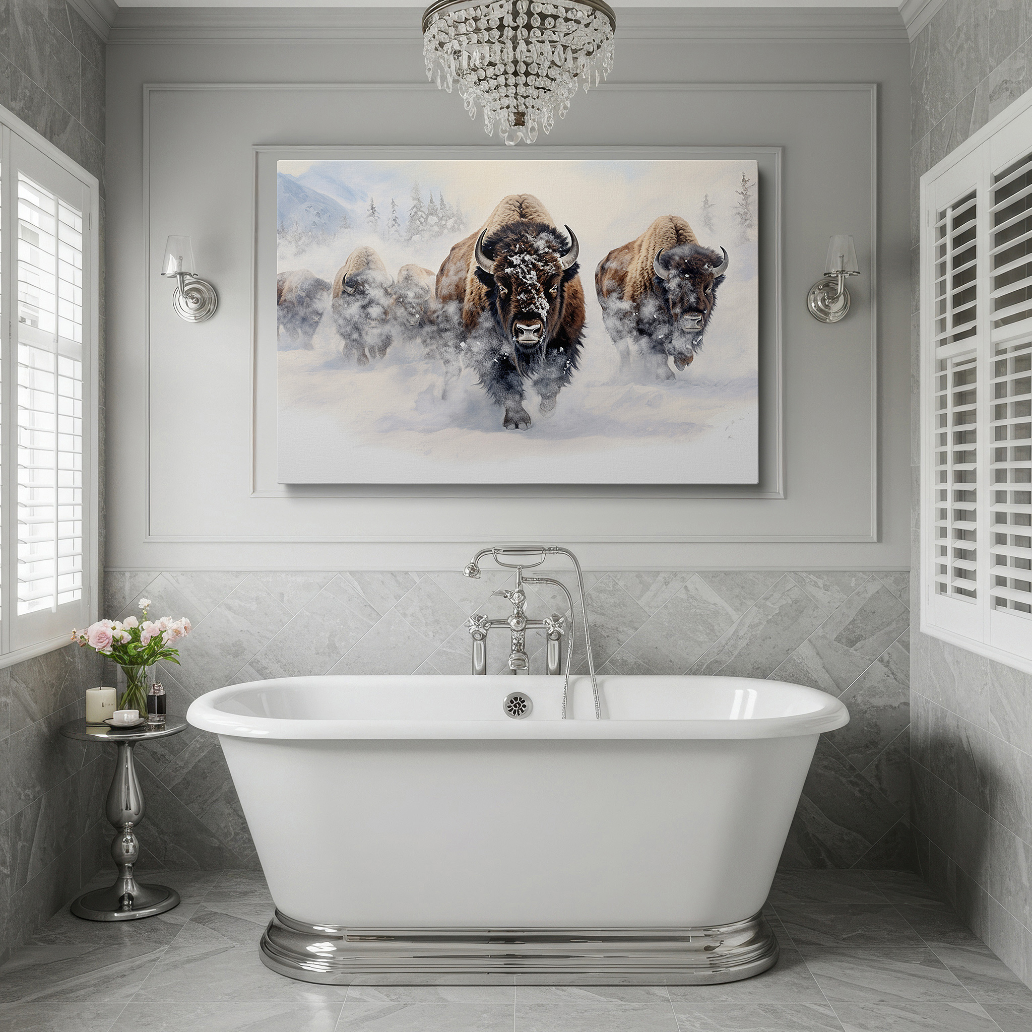 Side profile highlights a tightly wrapped canvas over a 3 cm deep stretcher — wall art: serene and mighty bison in a snowy landscape - a peaceful yet commanding nature scene for large wall art, canvas wall art, wall art decor, office wall art, bedroom wall