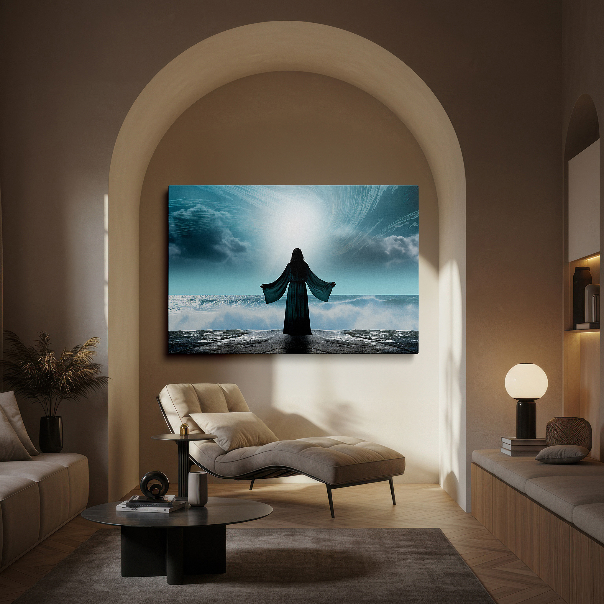 Side profile highlights a tightly wrapped canvas over a 3 cm deep stretcher — wall art: serene seascape with figure on cliff - embrace nature's grandeur and peacefulness. ideal for home or office decor, large canvas wall art.