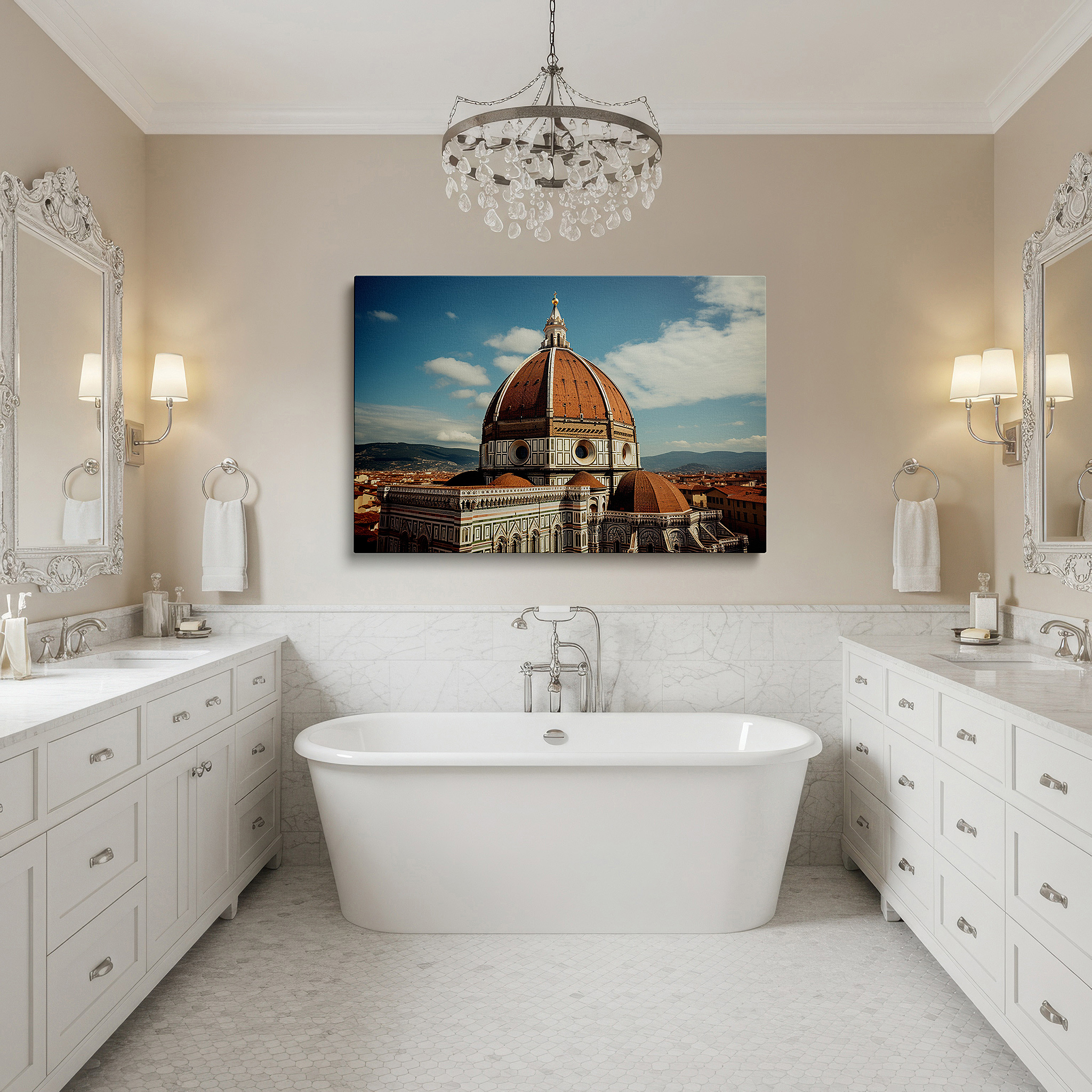 Side profile highlights a tightly wrapped canvas over a 3 cm deep stretcher — wall art: sunset over florence's cathedral dome - a renaissance masterpiece. large canvas wall art for office and bedroom decor.