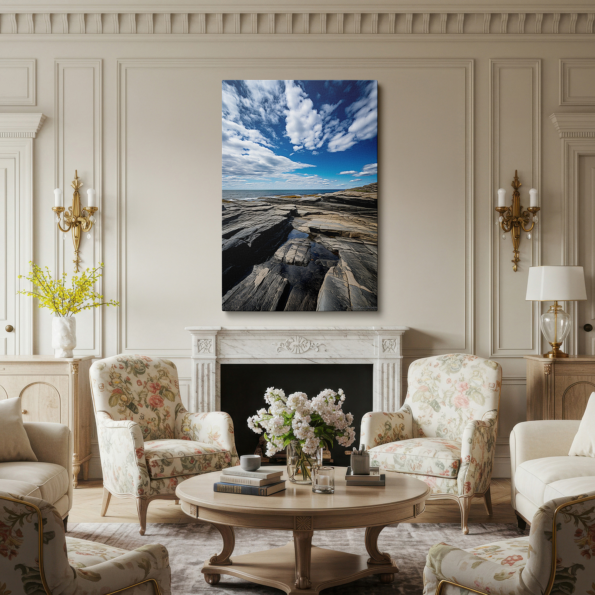 Side profile highlights a tightly wrapped canvas over a 3 cm deep stretcher — wall art: "timeless dance of earth and sky" - panoramic rugged coastline and moody clouds, large canvas wall art for home and office decor