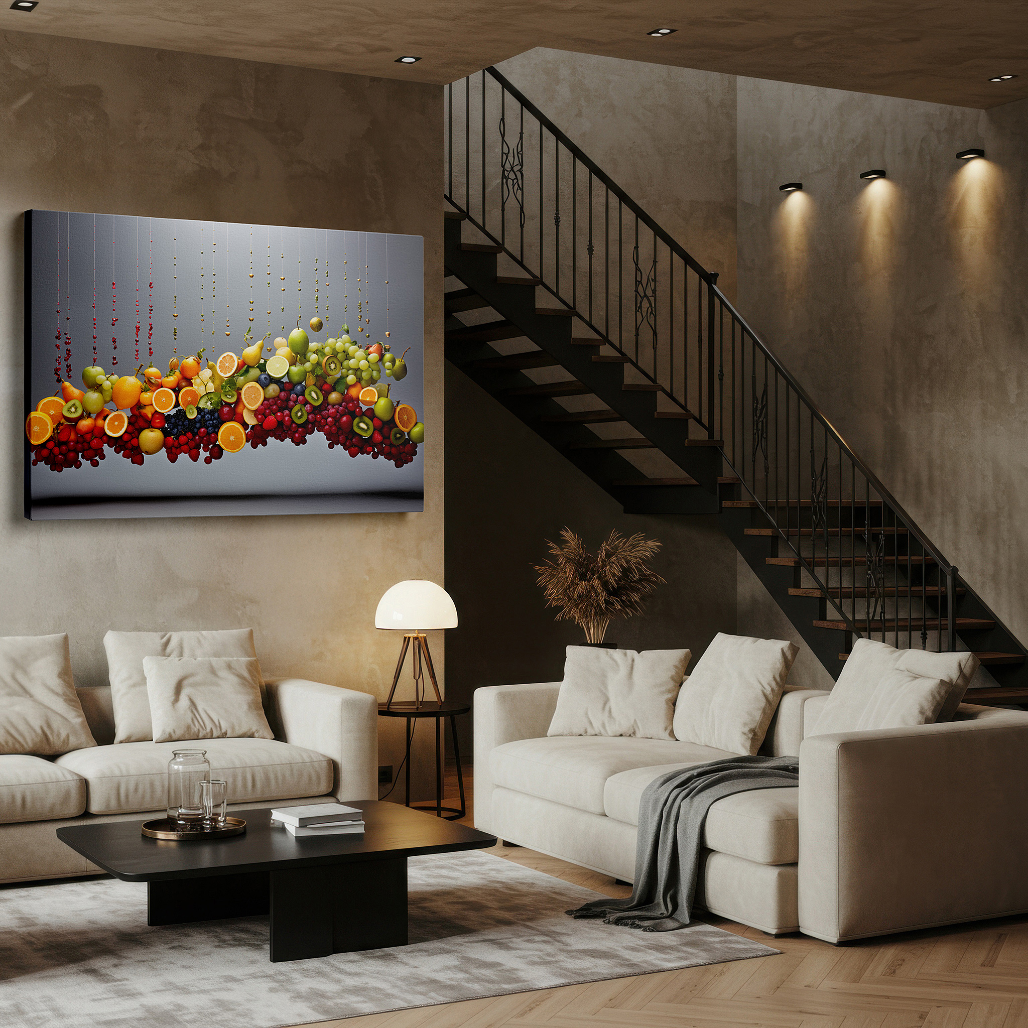 Side profile highlights a tightly wrapped canvas over a 3 cm deep stretcher — wall decor: captivating floating fruit display showcasing nature's playful bounty - ideal for living room, office, or bedroom decorations