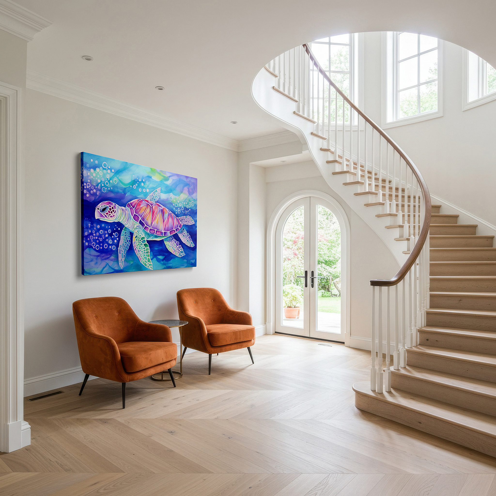 Side profile highlights a tightly wrapped canvas over a 3 cm deep stretcher — wall decor: elegant turtle traverses blue waters, representing oceanic knowledge and preservation - large canvas wall art for home and office decor