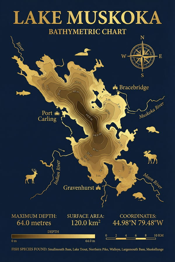 Lake Muskoka Bathymetric Map — Gold & Navy Style — Depth Chart Canvas Wall Art