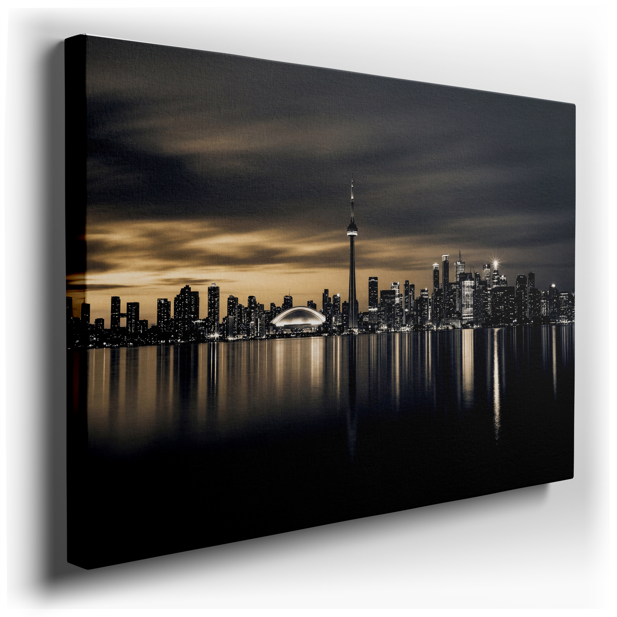 Monochromatic canvas art depicting the Toronto skyline at night, featuring the CN Tower and skyscrap