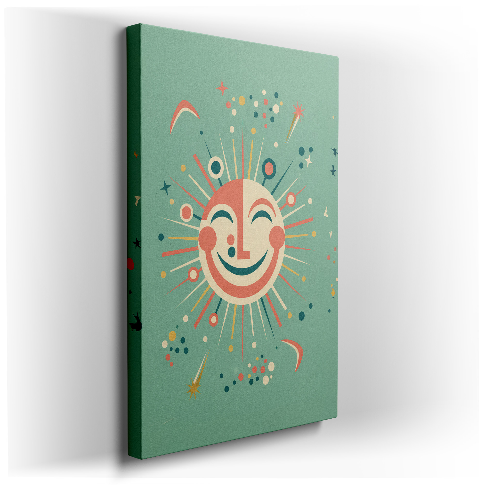 Whimsical canvas wall art features a smiling sun face surrounded by stars and bursts of color on a t