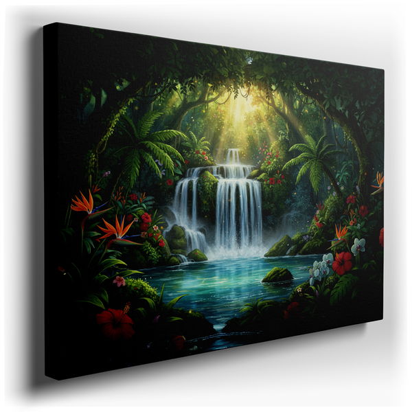 Lush Tropical Waterfall - Vibrant Canvas Wall Art