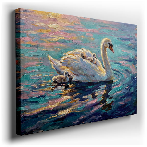 Graceful Swan Family - Impressionistic Canvas Wall Art