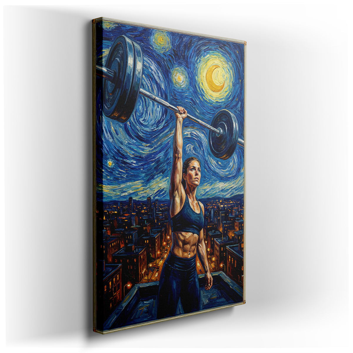 Weightlifting Woman Starry Night Style Canvas Wall Art