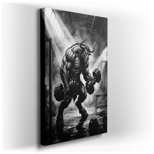 Minotaur Gym Workout - Black and White Canvas Wall Art