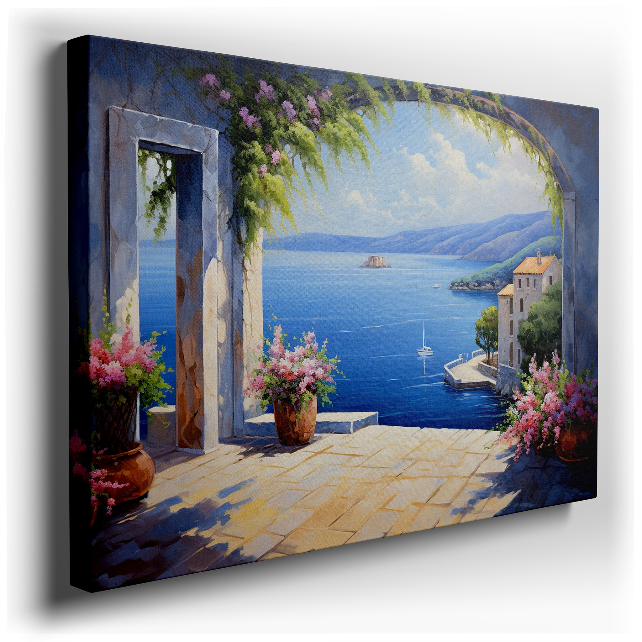 A Serene Coastal Retreat Canvas Framed by a Graceful Arch Large Wall Art, Canvas Wall Decor for Offices, Bedrooms, and
