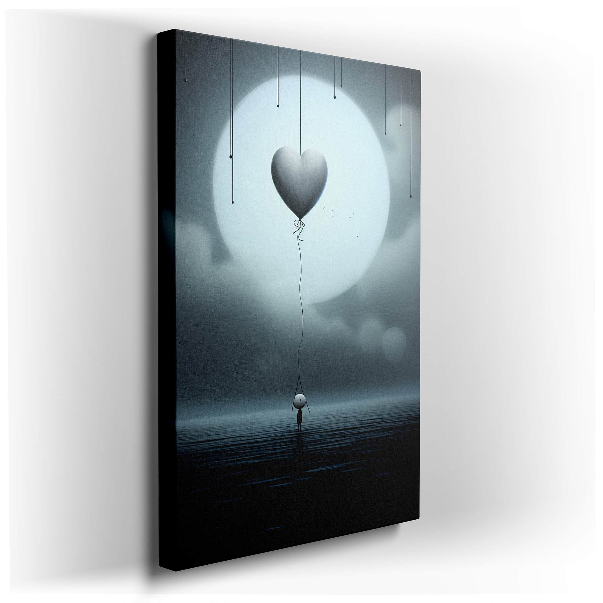 A Solitary Silhouette Holding a Heart - Shaped Balloon by the Expansive Moonlit Ocean - Large Wall Art, Canvas Wall