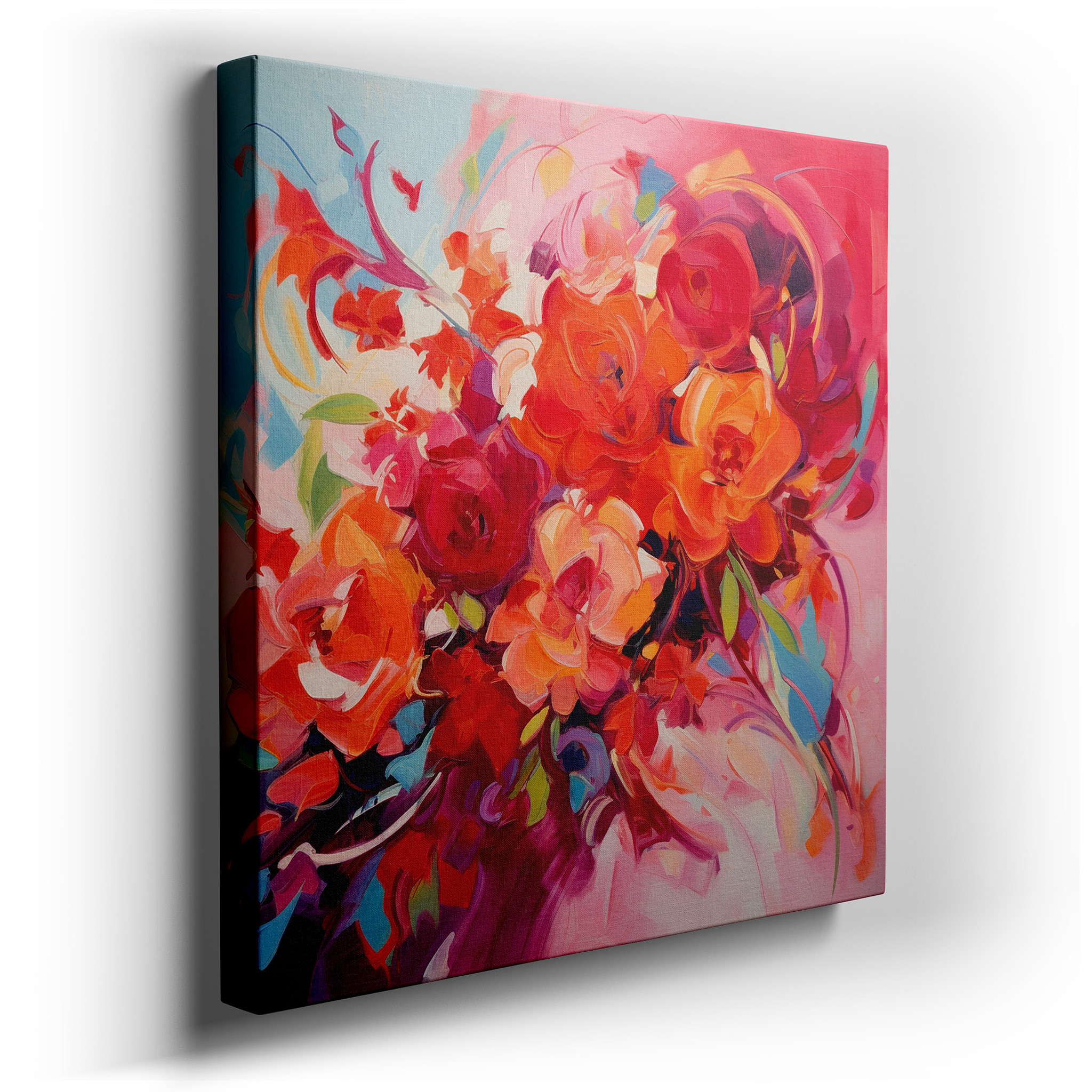A Stunning Floral Canvas Featuring Bold Reds and Rich Greens, Perfect for Large Wall Decor in Offices or Bedrooms