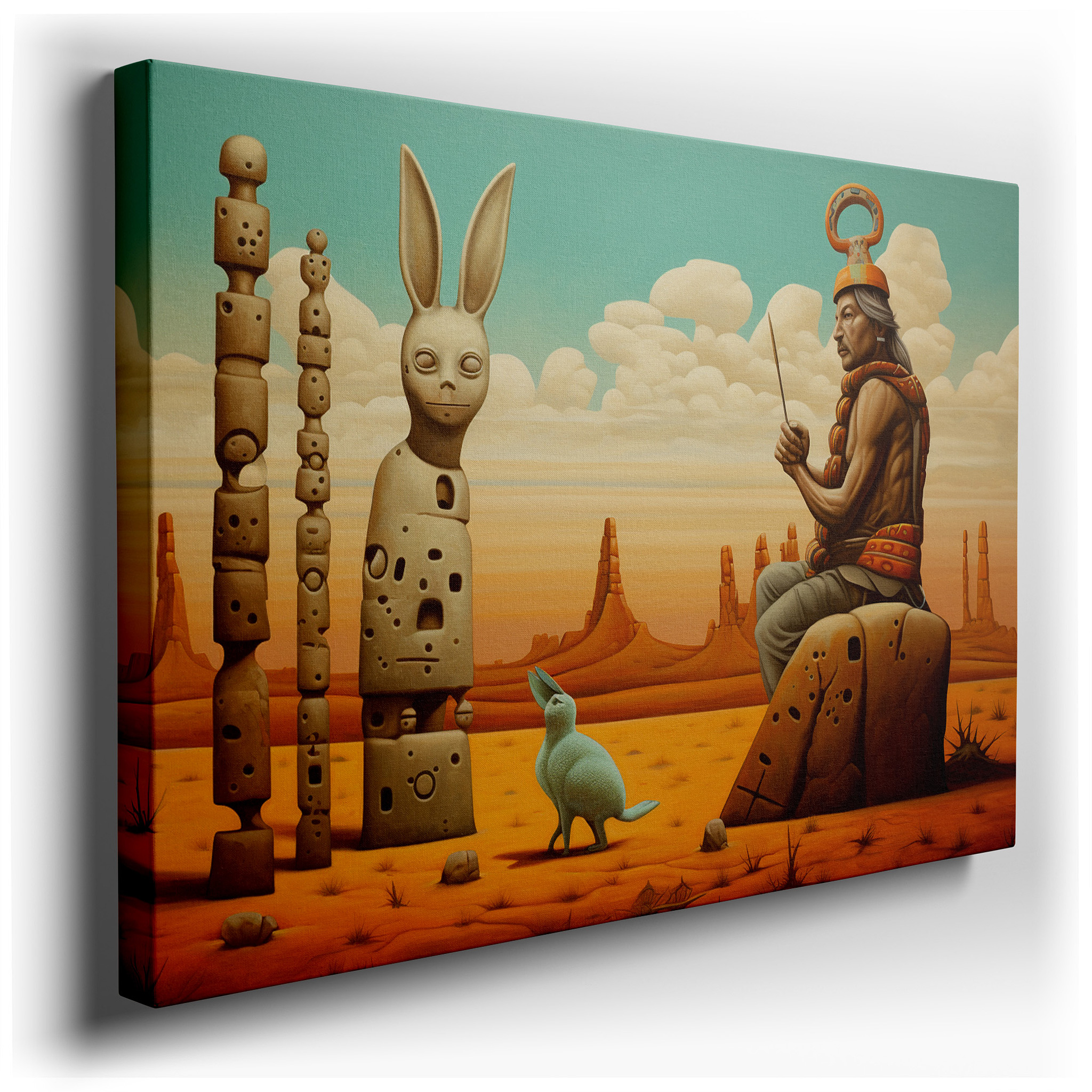Abstract Desert Conversation: Human and Rabbit Figures in a Vibrant Landscape - Large Canvas Wall Art for Home and