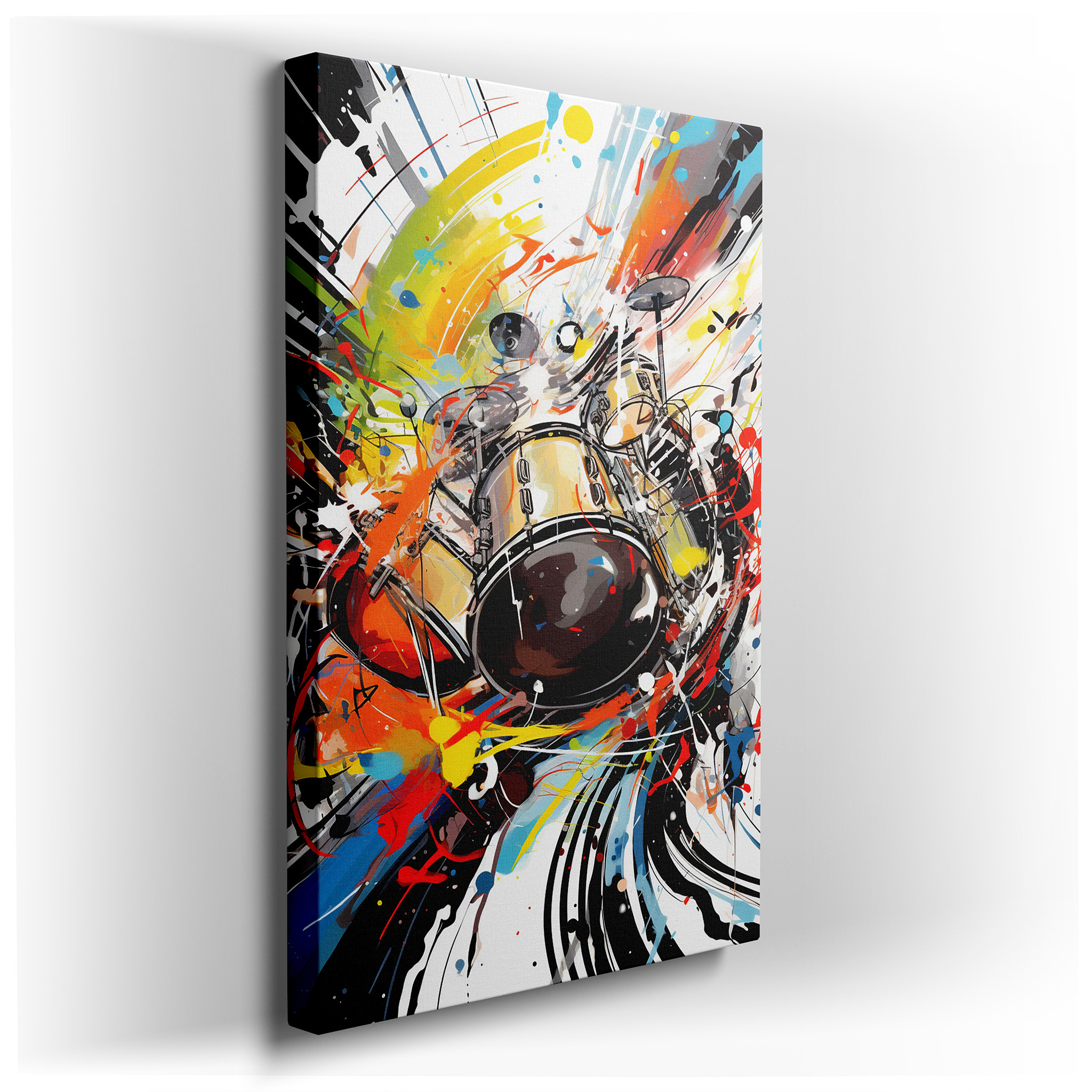 Abstract Drum Set Surrounded by Vibrant Swirls, Embodying the Spirit of Live Music, Large Canvas Wall Art for Home and