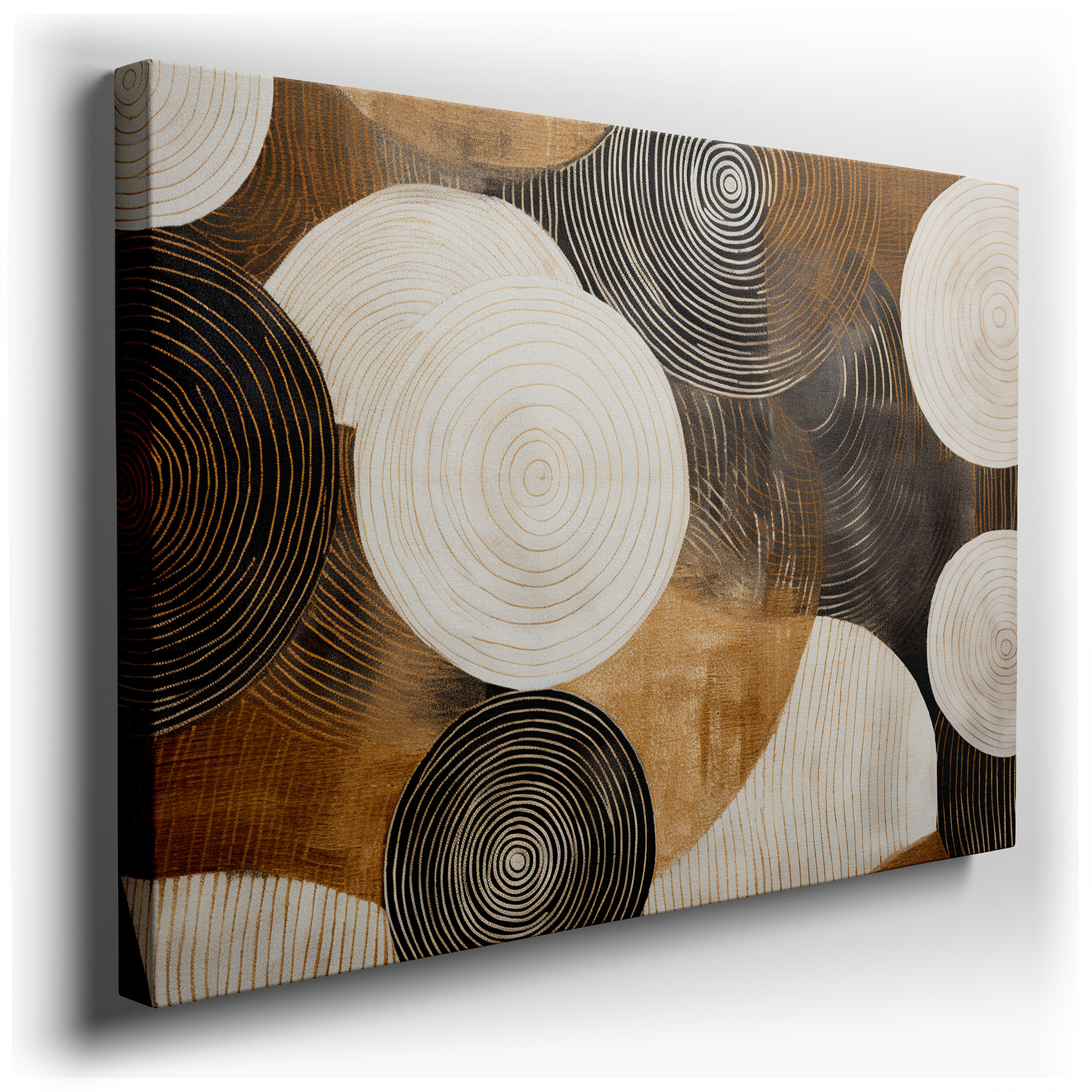 Abstract Elegance in Black, White, and Gold with Circular Motifs for a Serene Visual Experience - Large Wall Art,